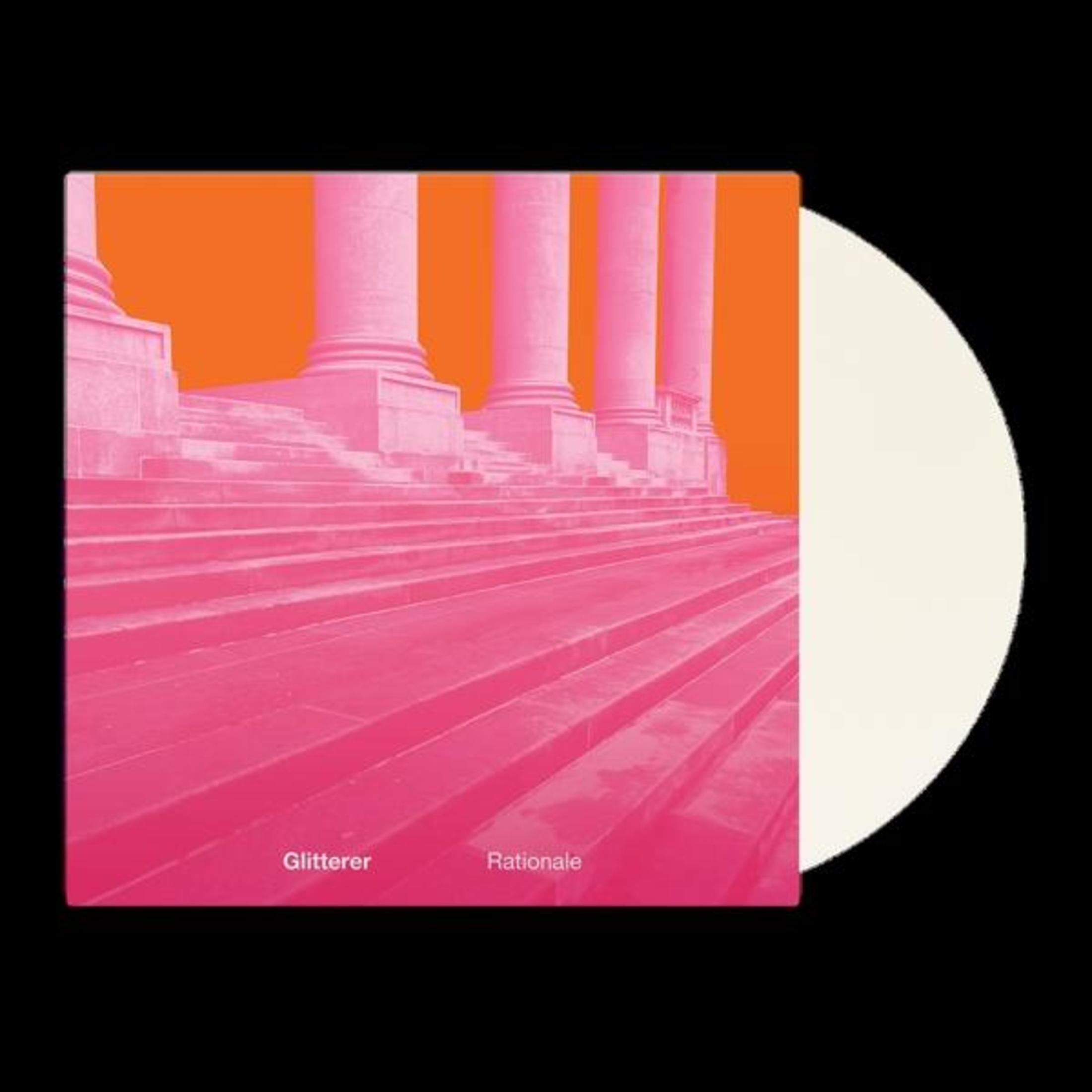 Pochette d'album: escaliers roses, fond orange et un cercle blanc sur noir.