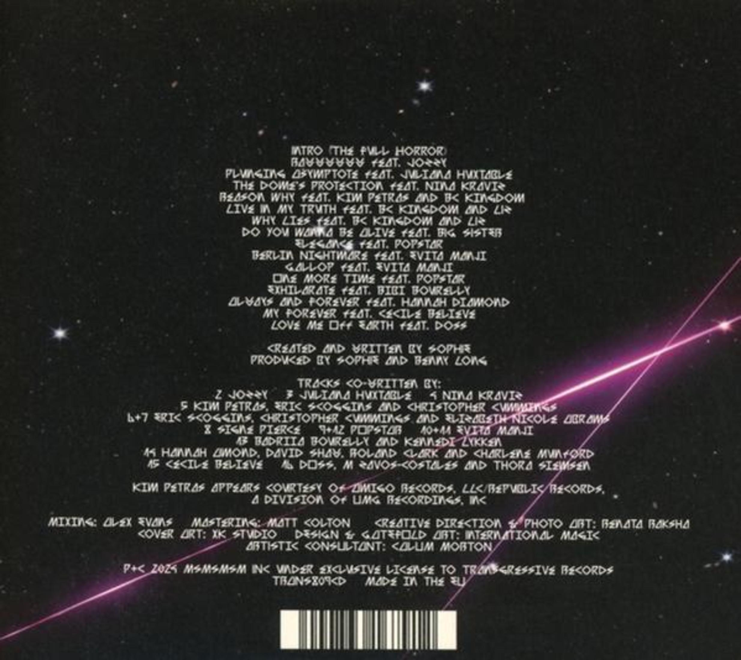Retro copertina con tracklist e crediti, schema di colori rosa e viola.