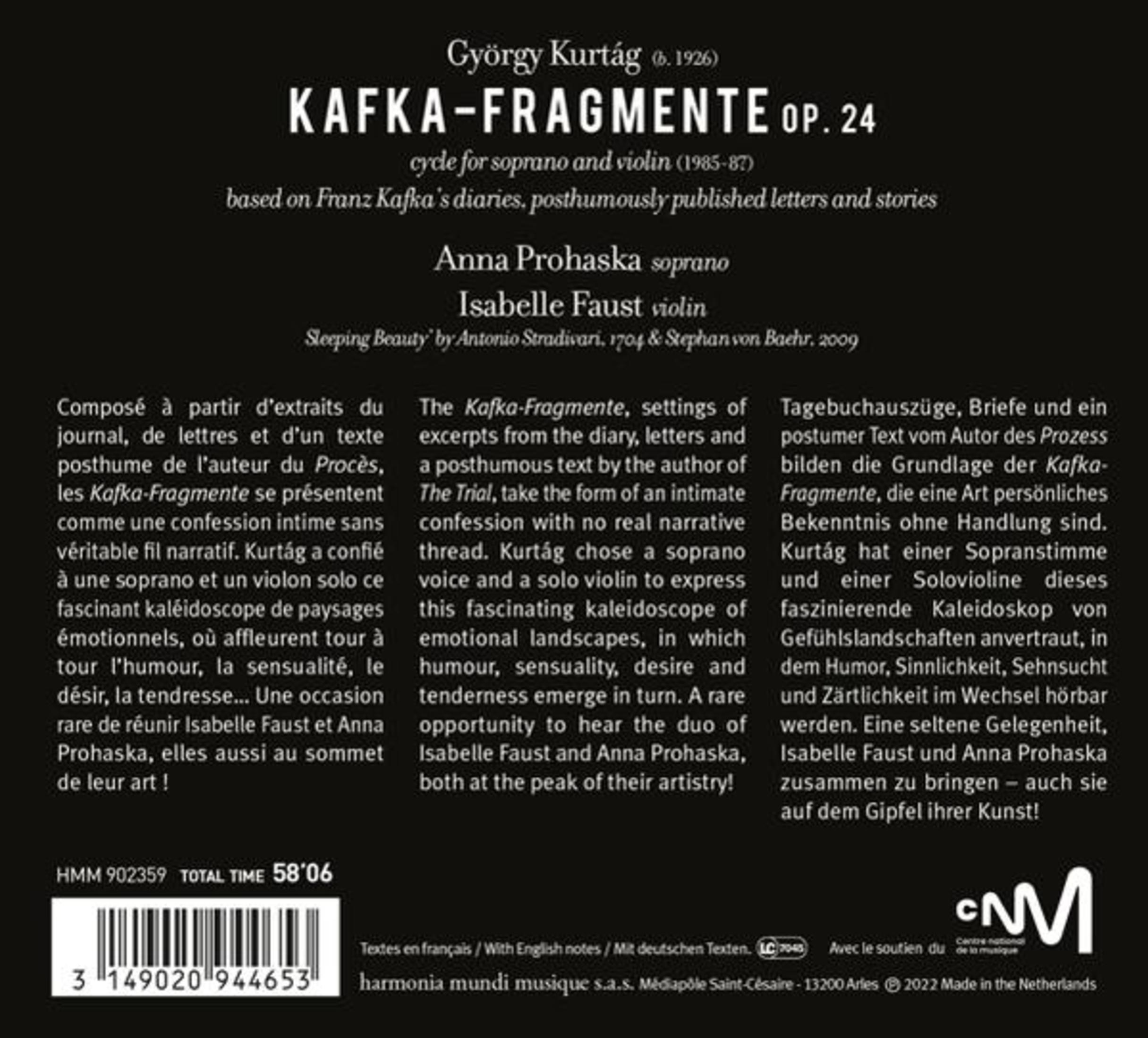Copertina dell'album: Testo in francese e tedesco. Testo: Kafka-Fragmente Op. 24. Illustrazioni e testo.