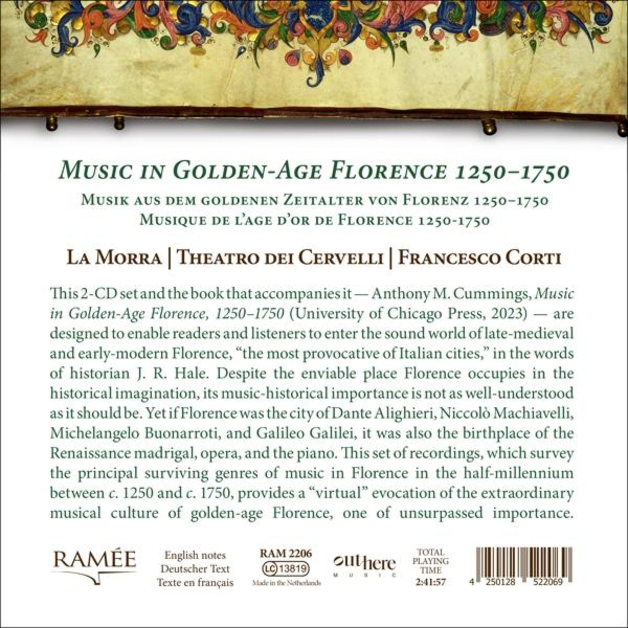 Retro di un album con testo sulla musica nella Firenze del Rinascimento e un elenco di musicisti.