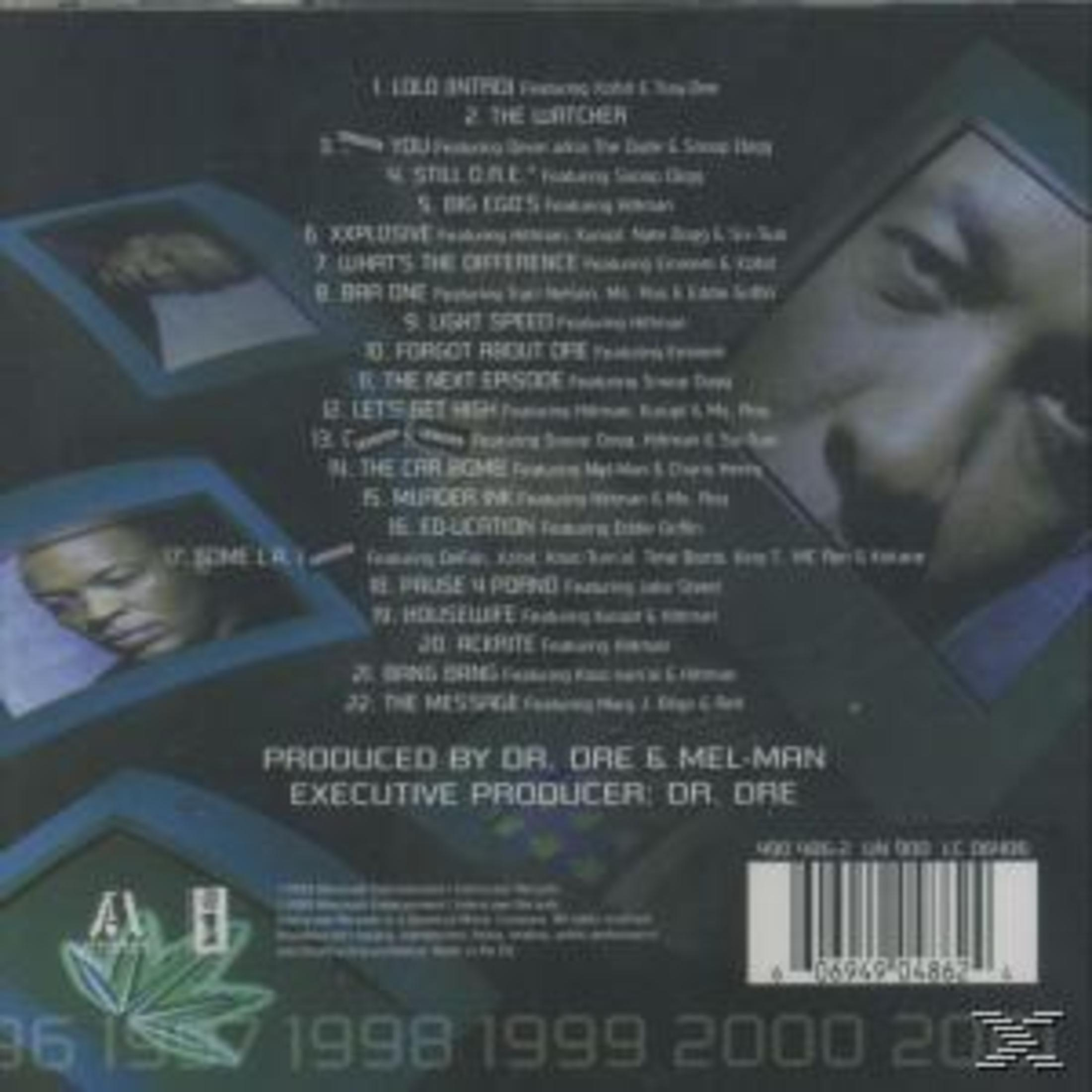 Retro del CD con tracklist e volti degli artisti. Il titolo dell'album è 'The Watcher' e l'album è di 'Dr. Dre'.