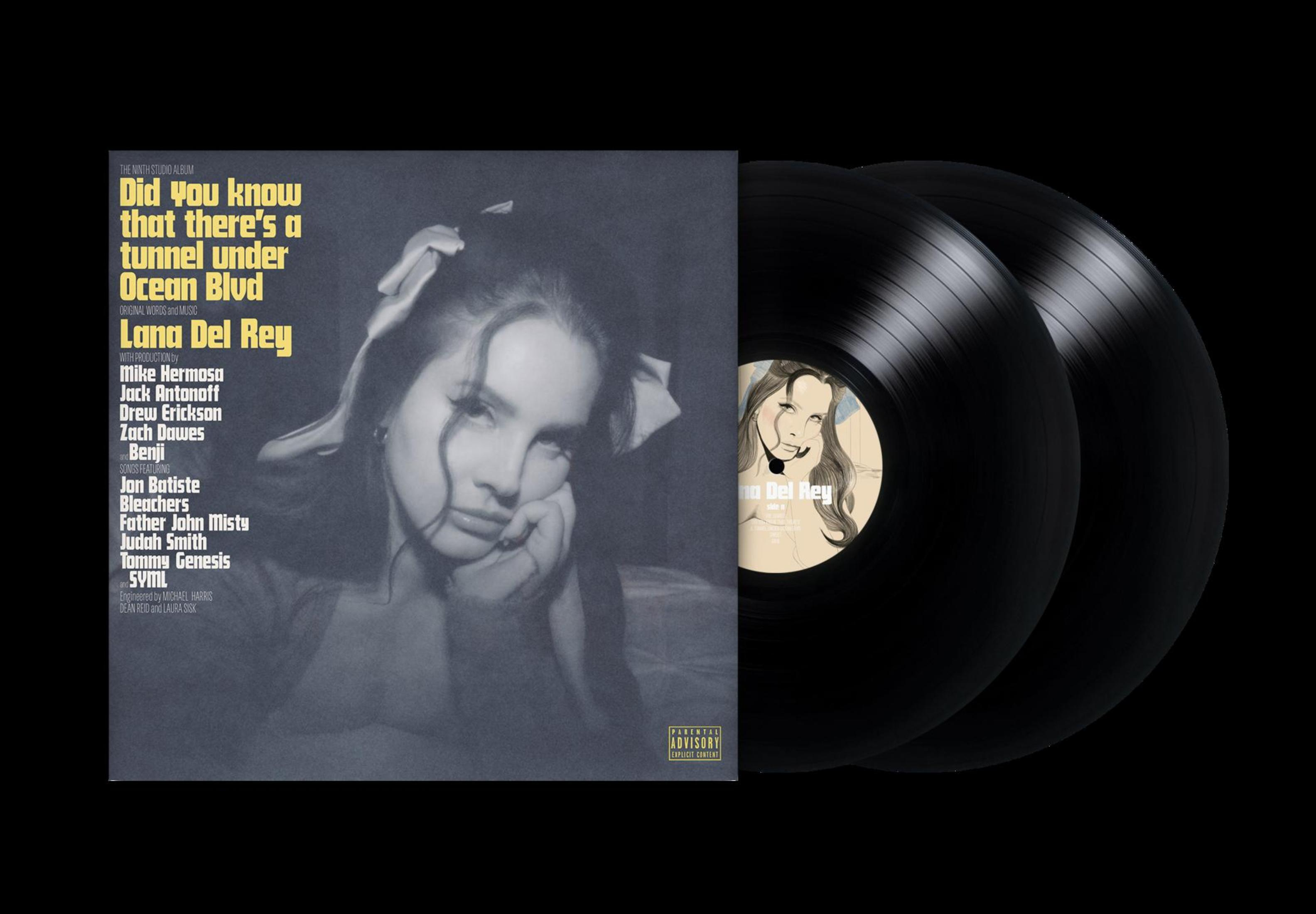 Copertina dell'album di Lana Del Rey. Due dischi in vinile neri e copertina dell'album con sfondo nero.