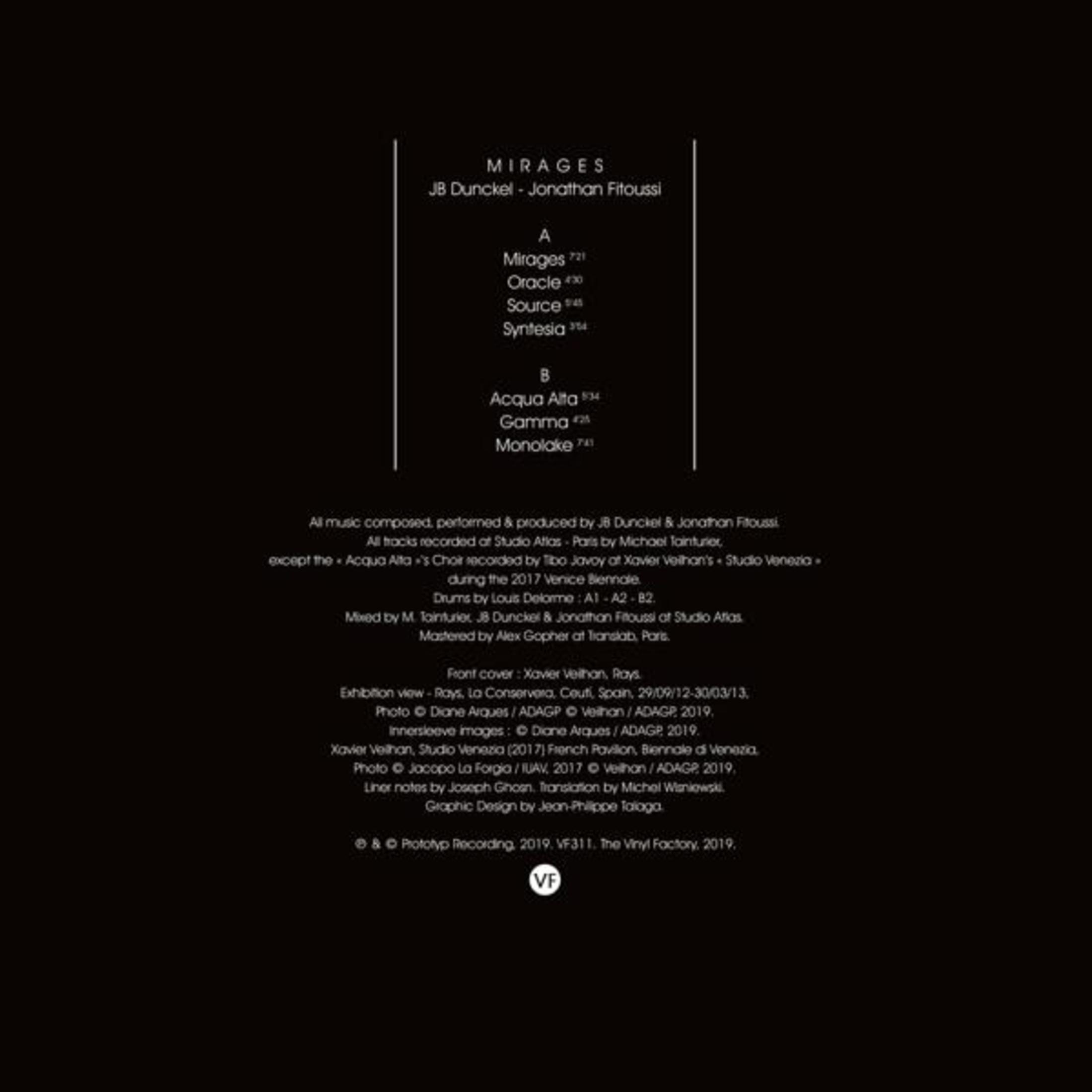 Copertina bianca dell'album con testo: Mirages, JB Dunckel & Jonathan Fitoussi. Tracklist.