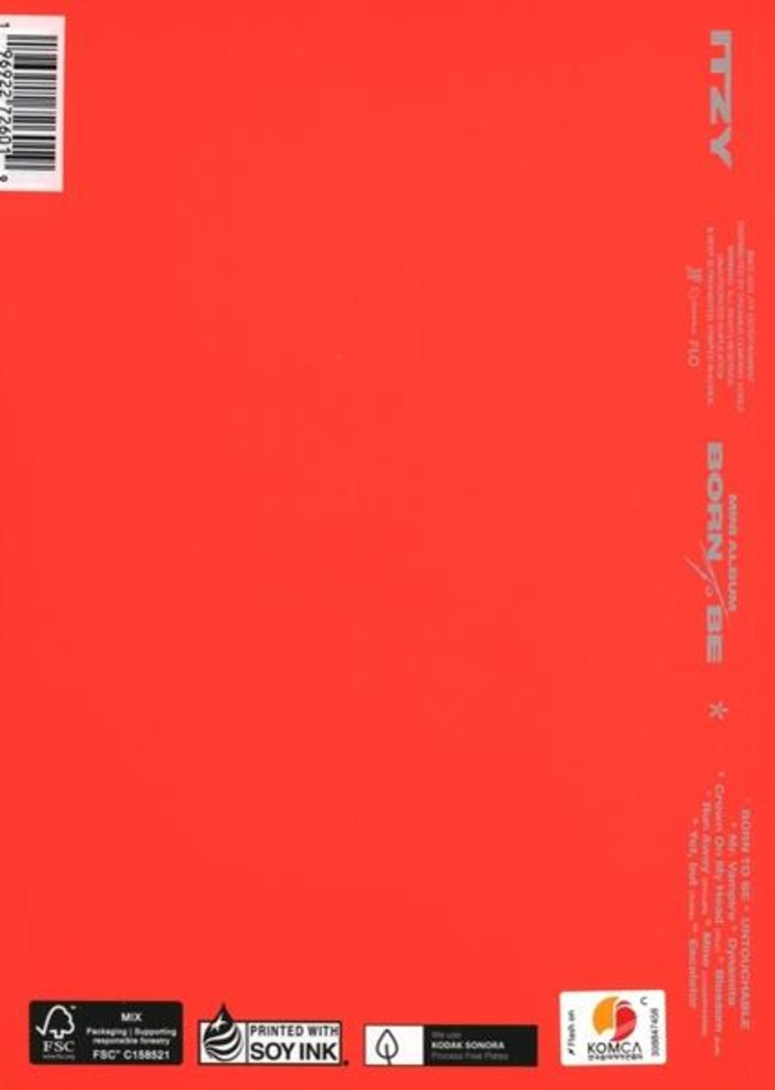 Rode albumhoes voor ITZY's 'BORN TO BE' mini-album, met witte tekst.