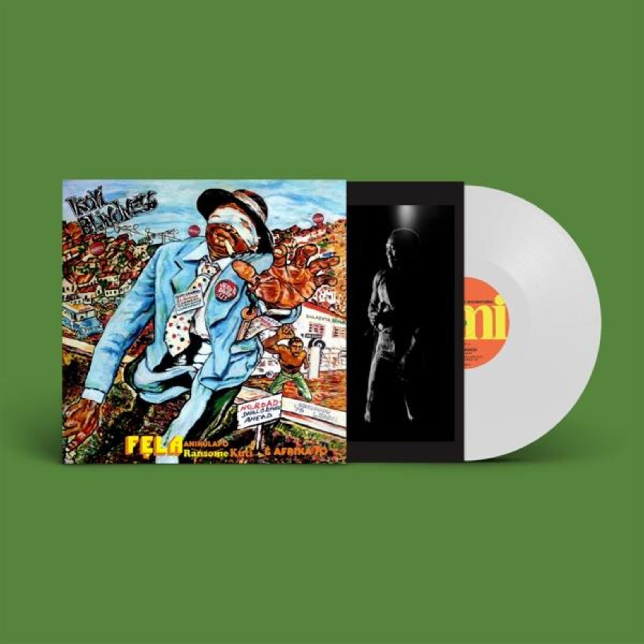Copertina dell'album: Fela Anikulapo Kuti & Afrika 70. Uomo con benda, abito blu. Vinile bianco su verde.