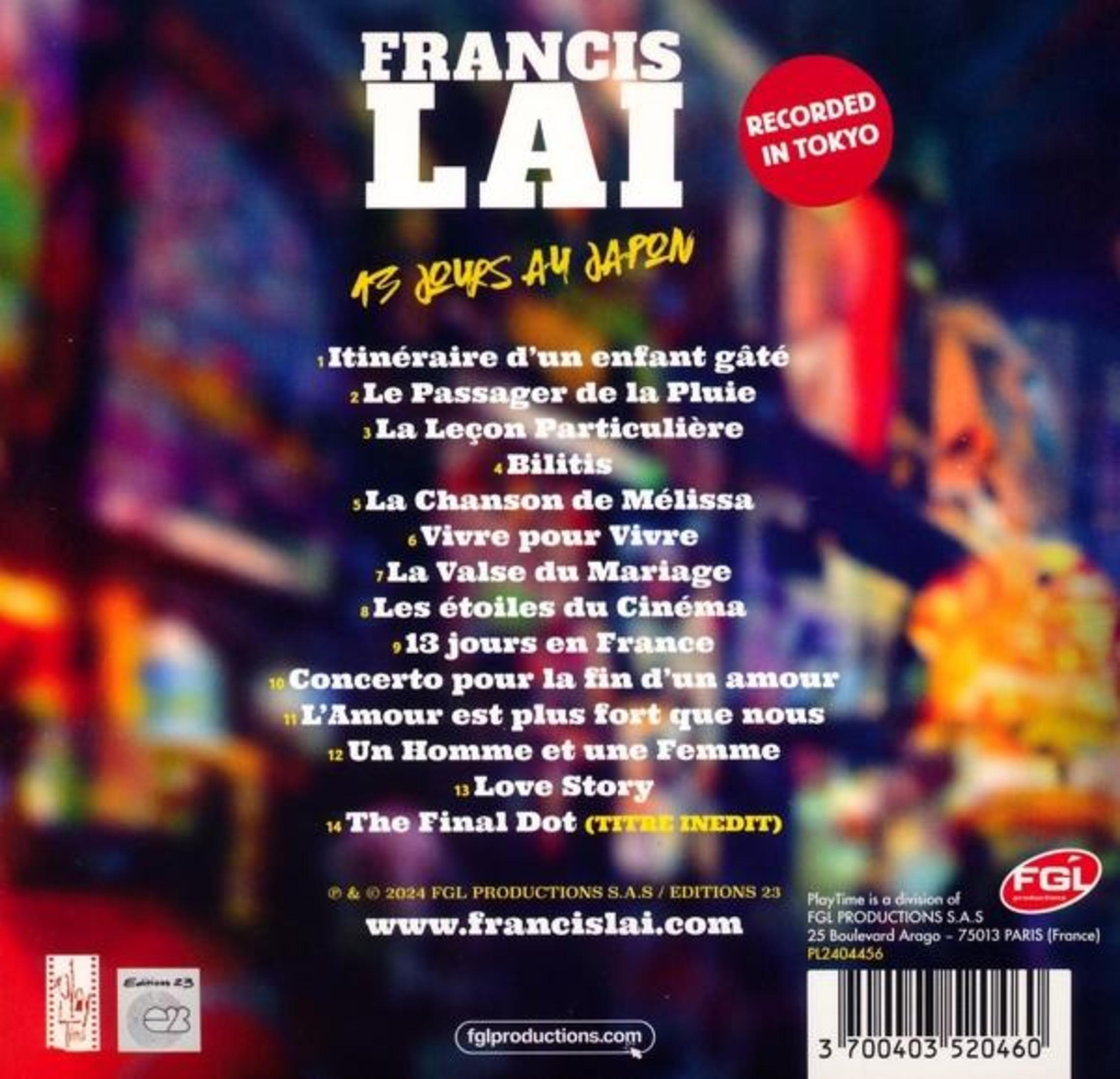 Copertina dell'album con il titolo Francis Lai, con un elenco di canzoni in francese. Registrato a Tokyo è scritto.
