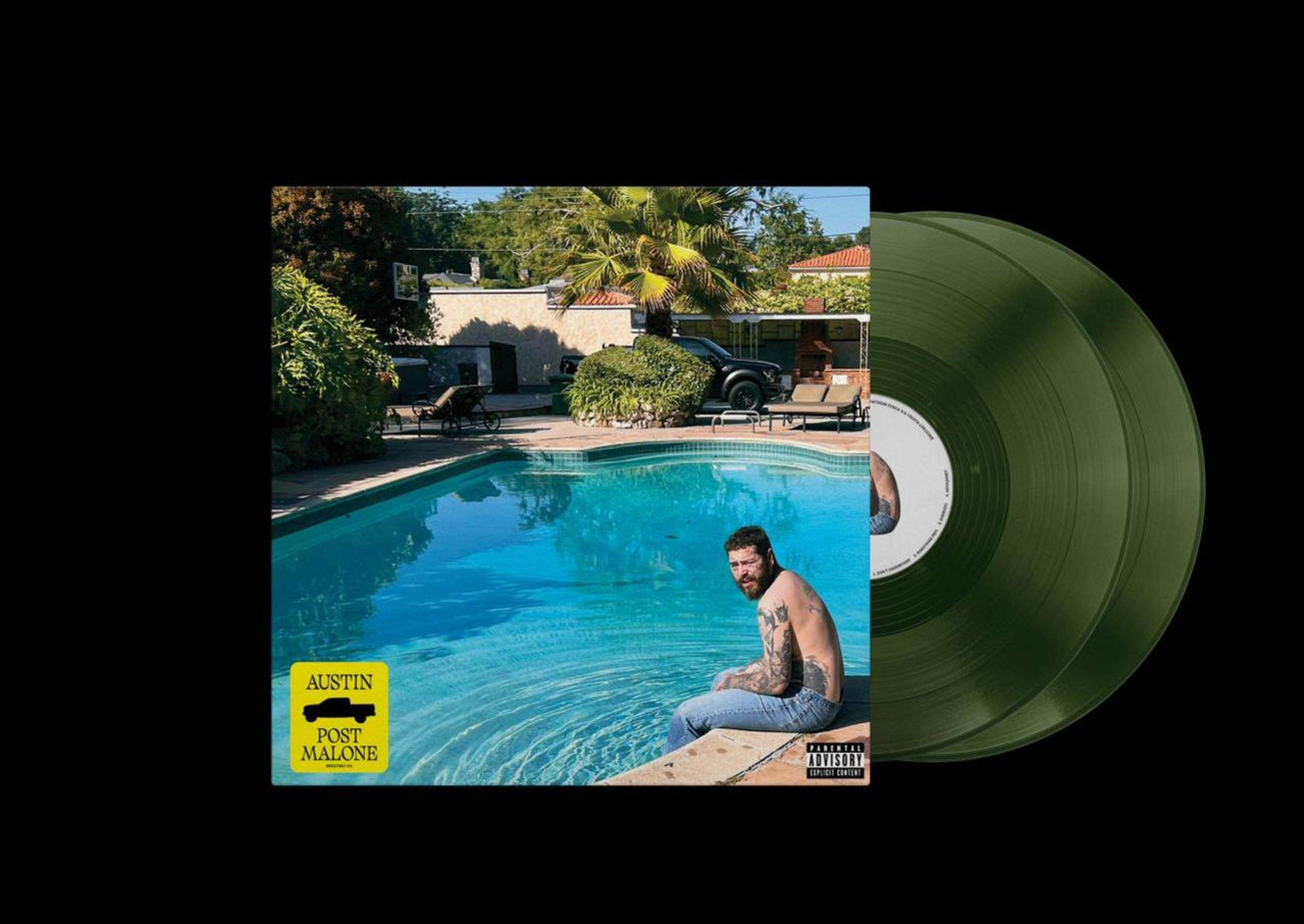 Portada del álbum: Hombre junto a la piscina, discos de vinilo verdes. Fondo: casa, árboles, coche. Etiqueta amarilla: Austin Post Malone.