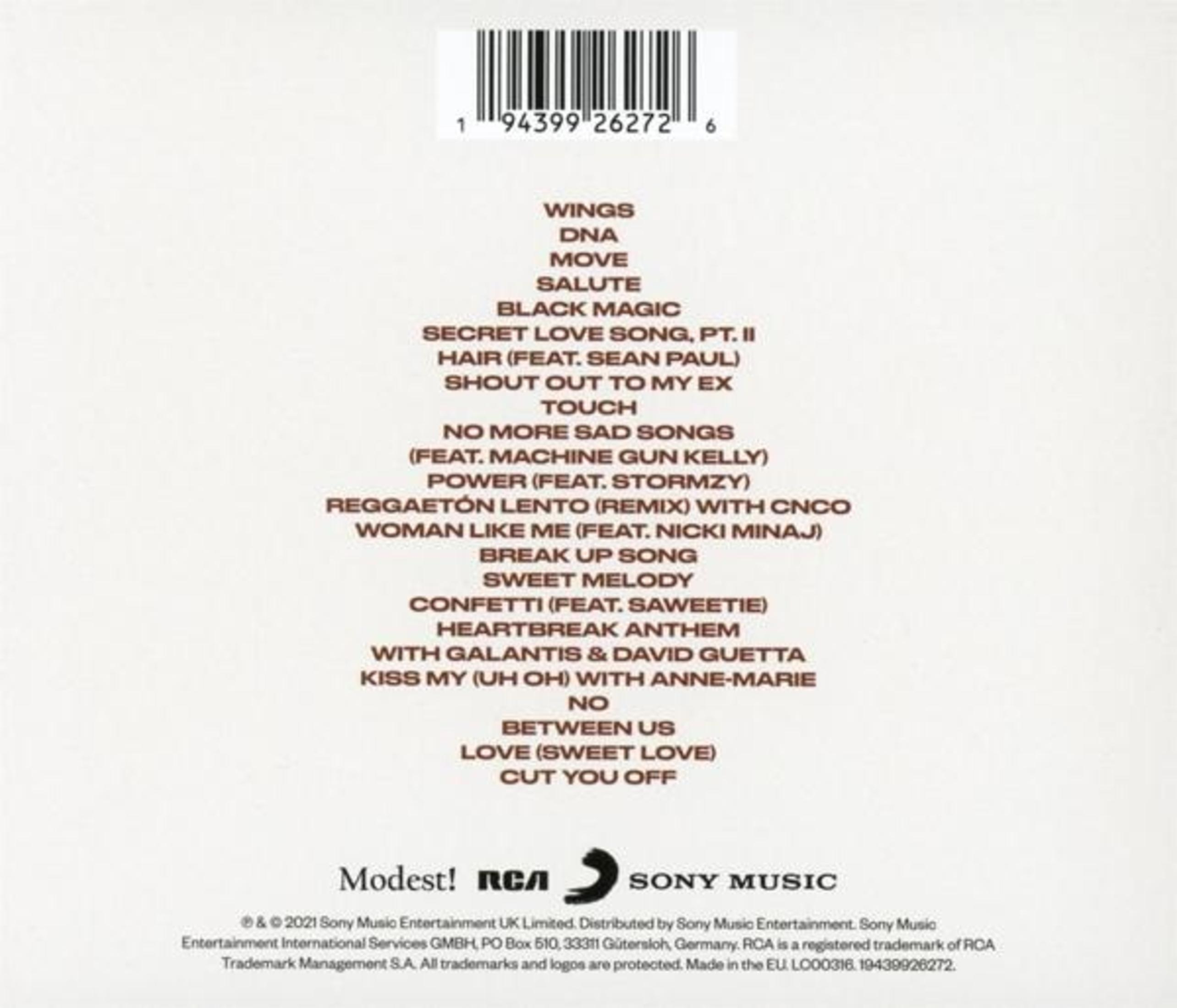Albumhoes met een lijst met nummers. Bevat artiest- en labellogo's onderaan. Witte achtergrond.