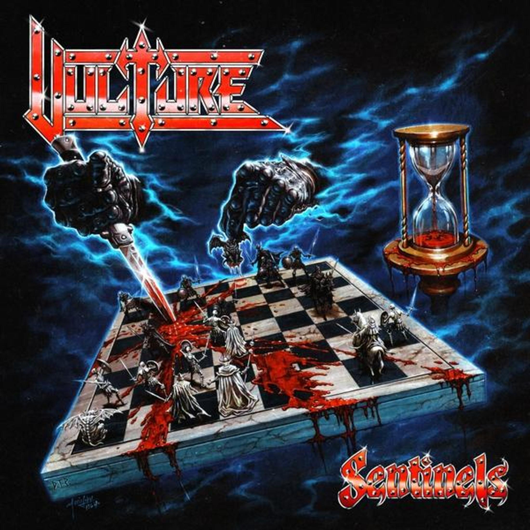 Copertina dell'album con una scacchiera, mani che tengono una spada e una clessidra. La band è Vulture.