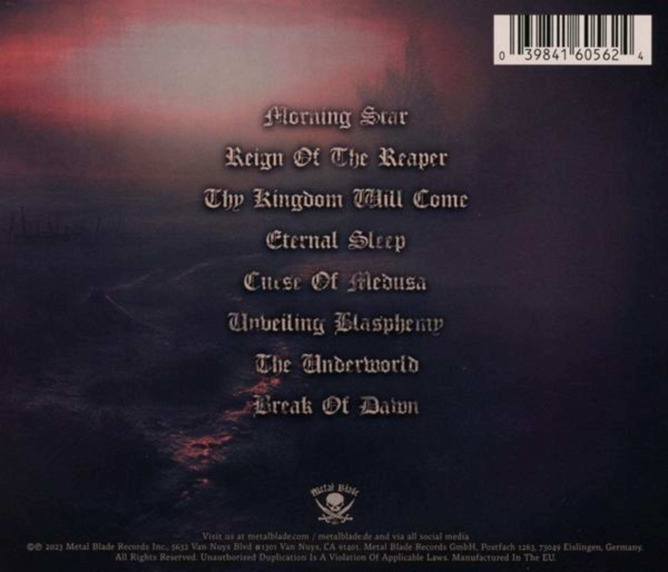 Copertina dell'album con titoli di canzoni su sfondo scuro. Il testo è bianco. Il logo Metal Blade in basso.