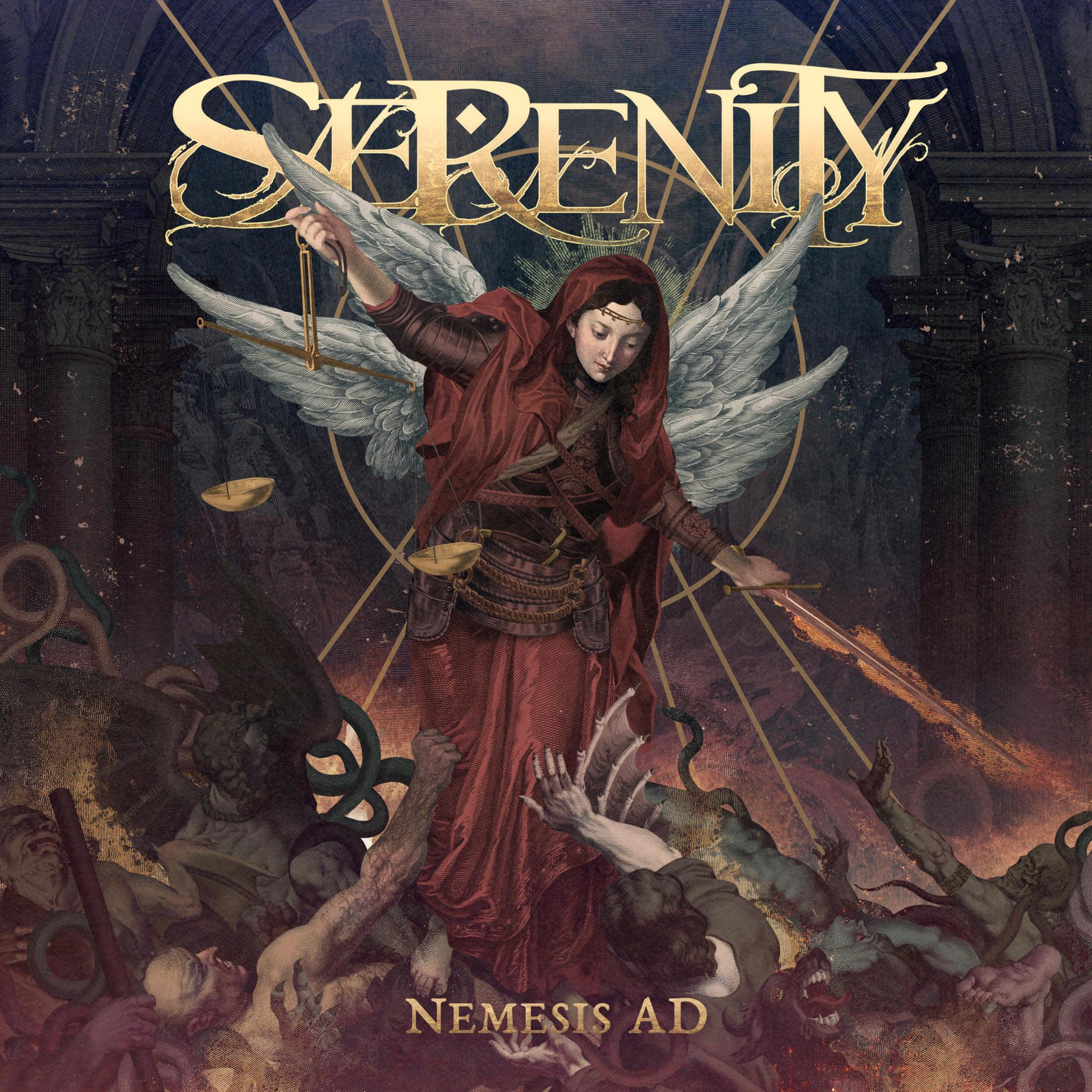 Copertina dell'album: Donna con ali e bilance, circondata da figure. Testo: Serenity, Nemesis AD.