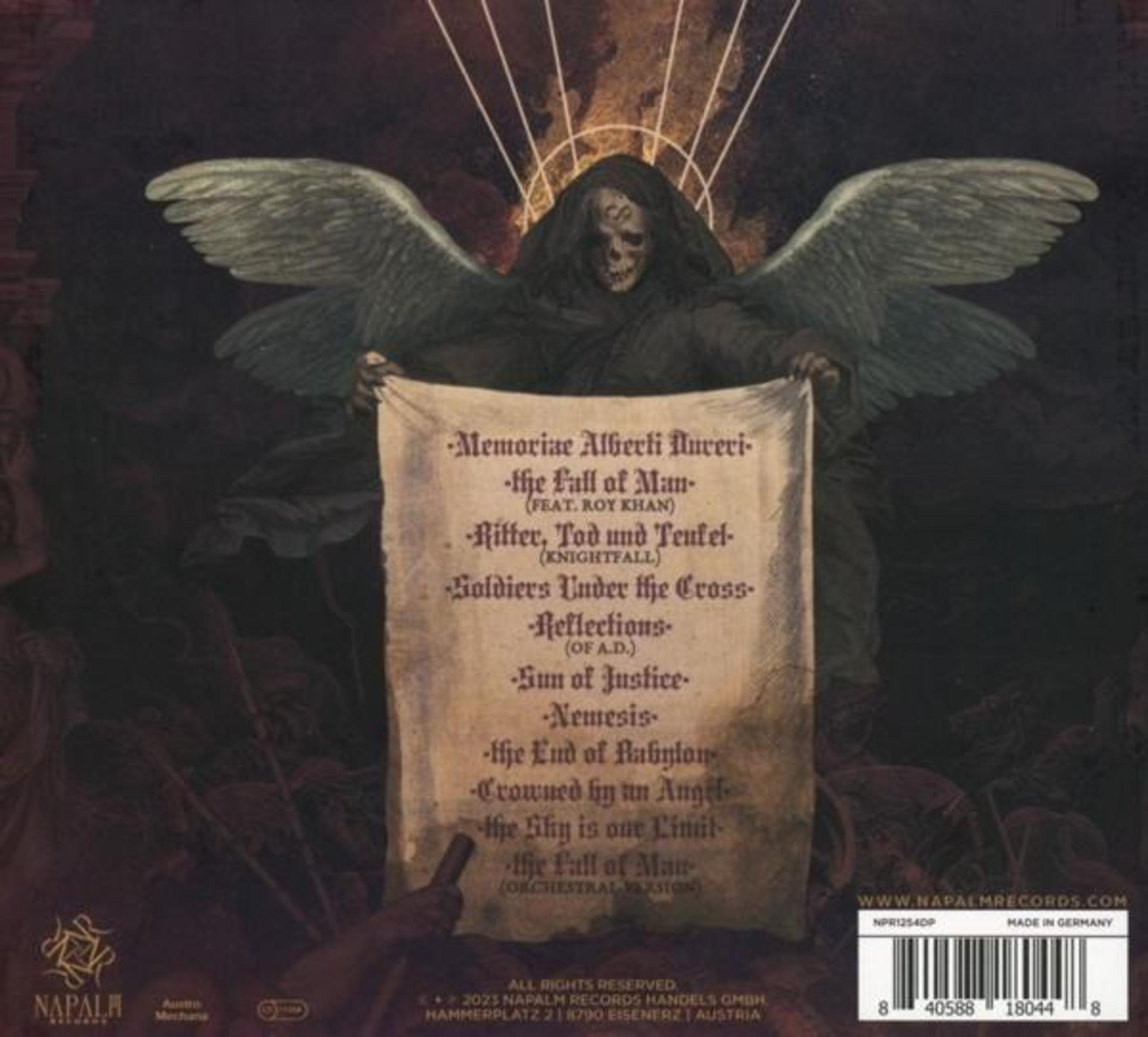 Copertina dell'album con una persona con ali d'angelo, che tiene in mano una pergamena con i titoli delle canzoni. Logo Napalm Records in basso.