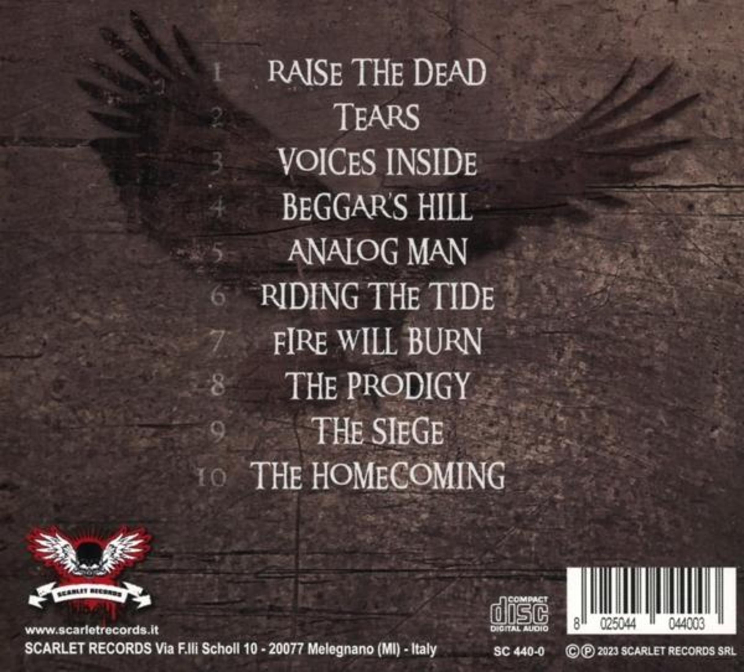 Dos de l'album. Liste des titres : Raise the Dead, Tears, Voices Inside, Beggar's Hill, Analog Man.