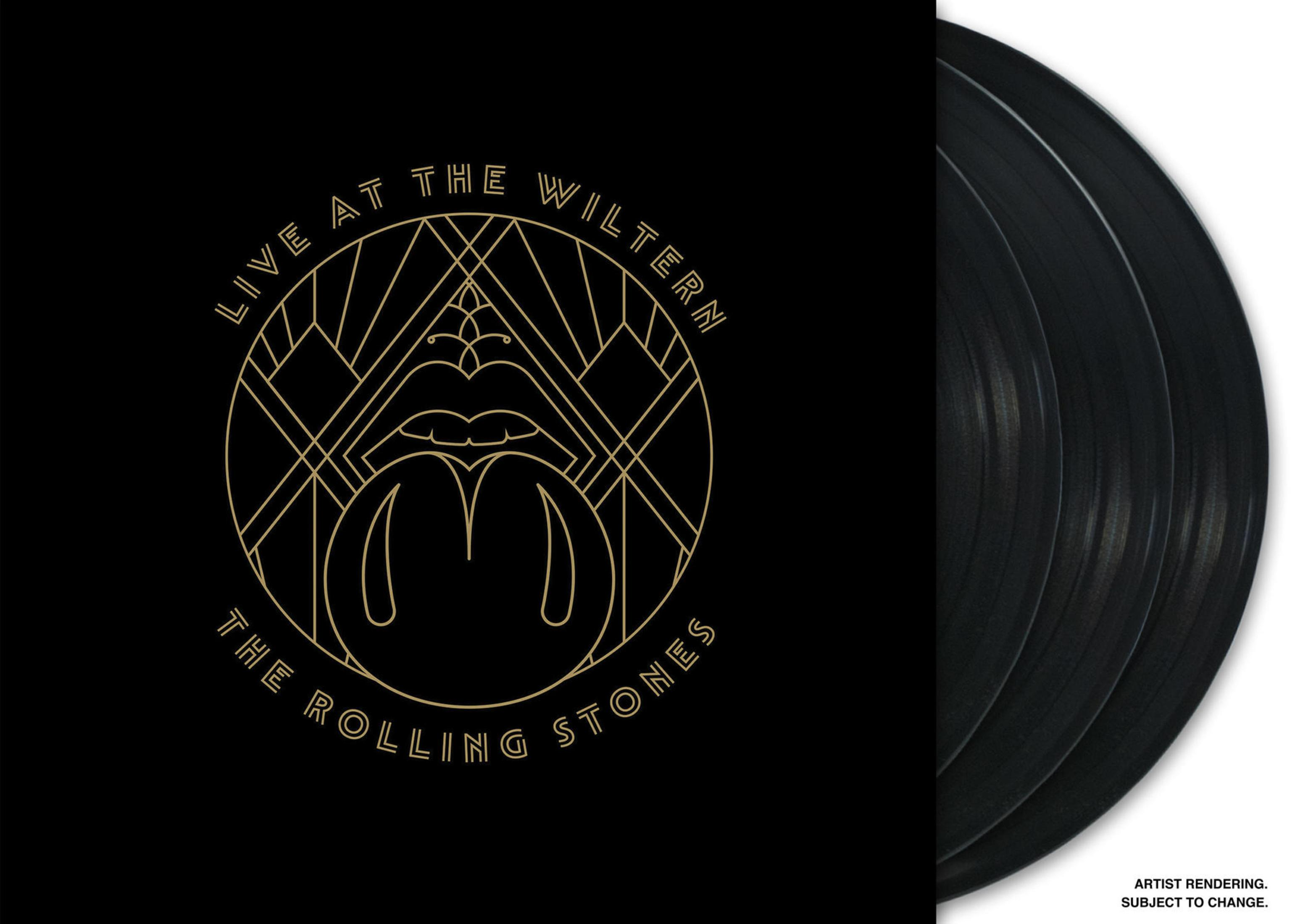 Albumhoes. Twee zwarte vinylplaten, met een gouden art deco ontwerp links.