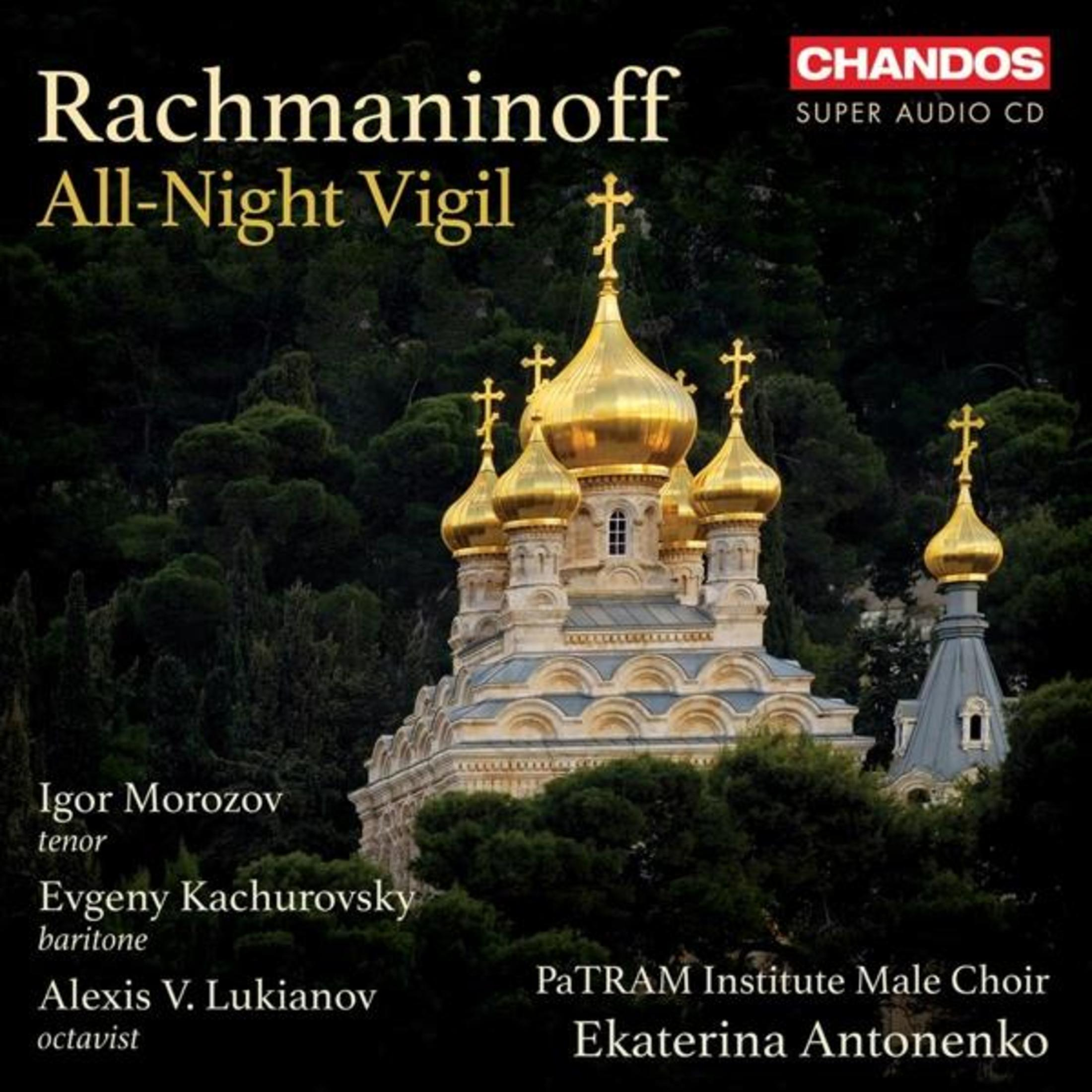 Albumhoes: Gouden koepelkerk, tekst 'Rachmaninoff All-Night Vigil'.