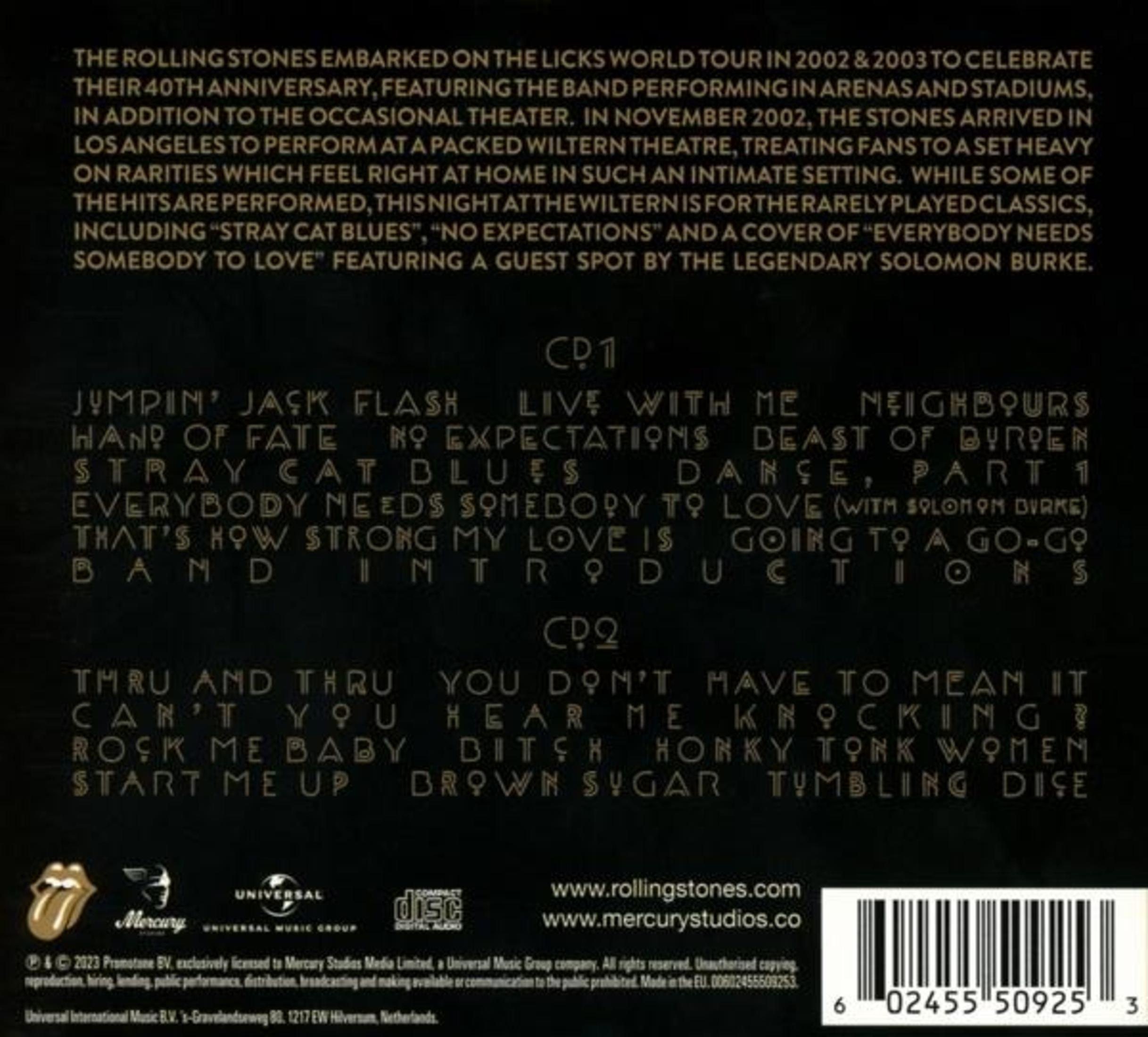 Retro copertina dell'album con testo che elenca canzoni e crediti. Logo dei Rolling Stones e Universal Music Group.