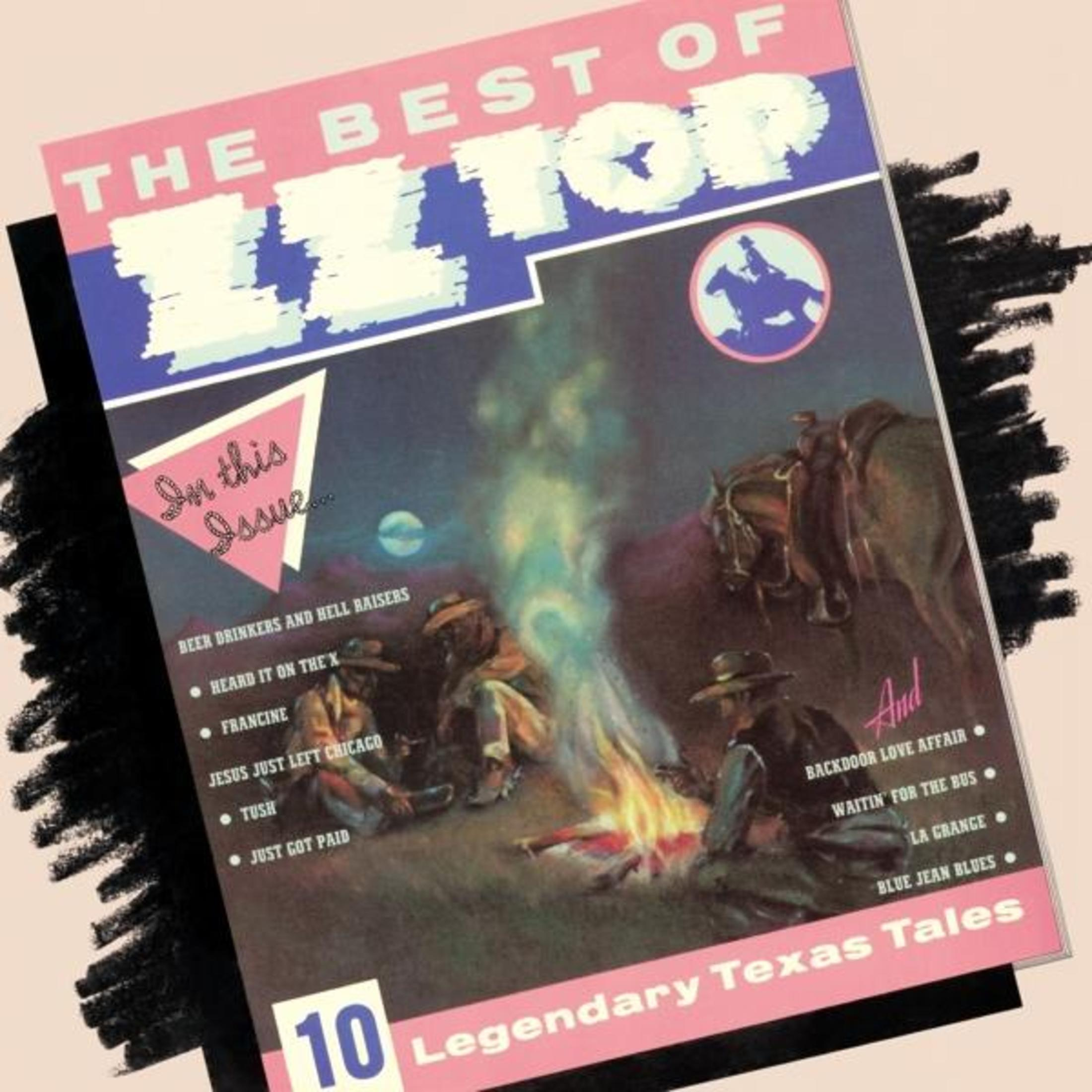 Tijdschriftcover, ZZ Top, kampvuurscène, cowboys, paard, tekst.