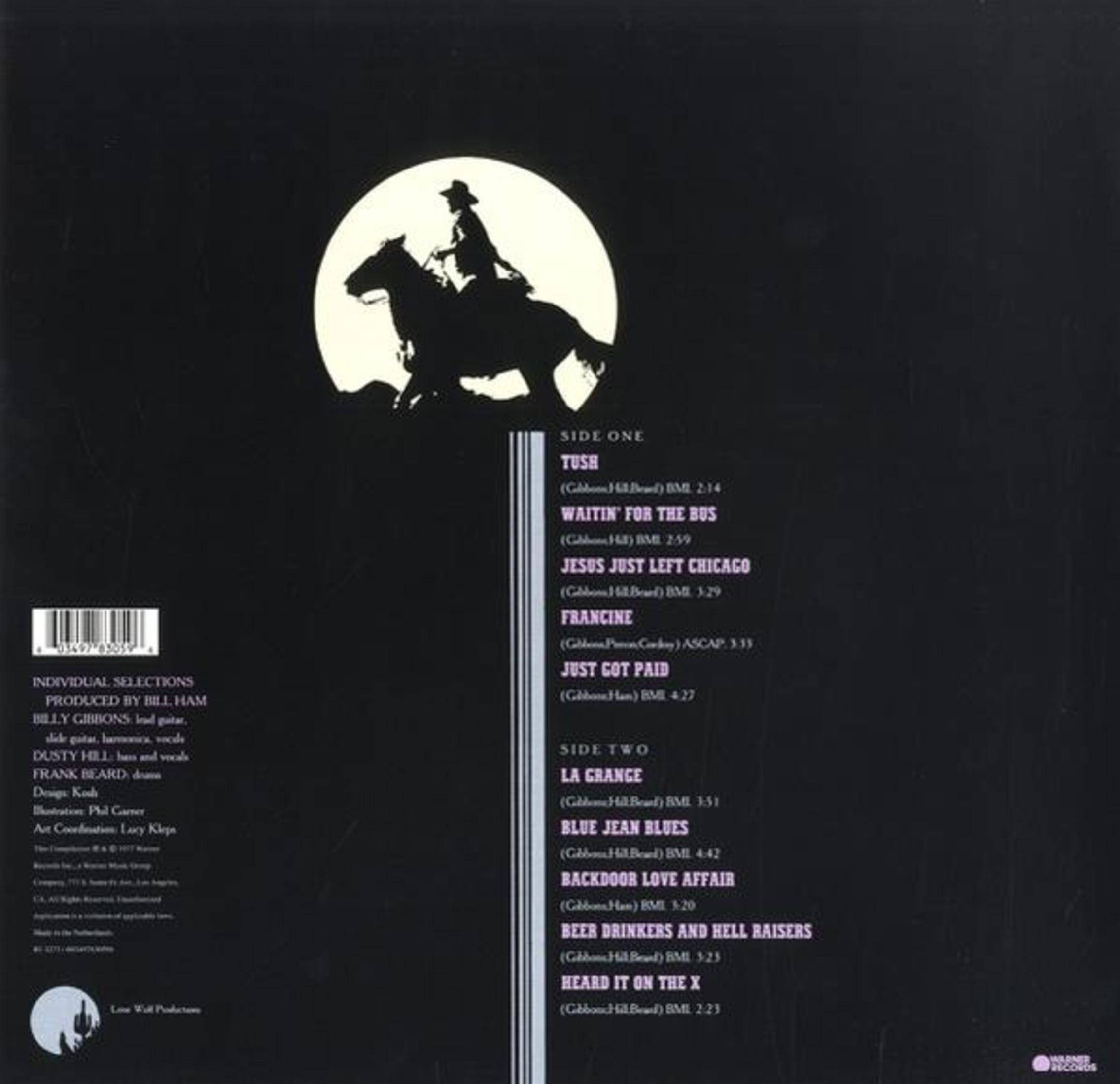 Achterkant van de albumhoes met tracklist, cowboy-silhouet en tekst. Kant Een en Kant Twee staan vermeld.