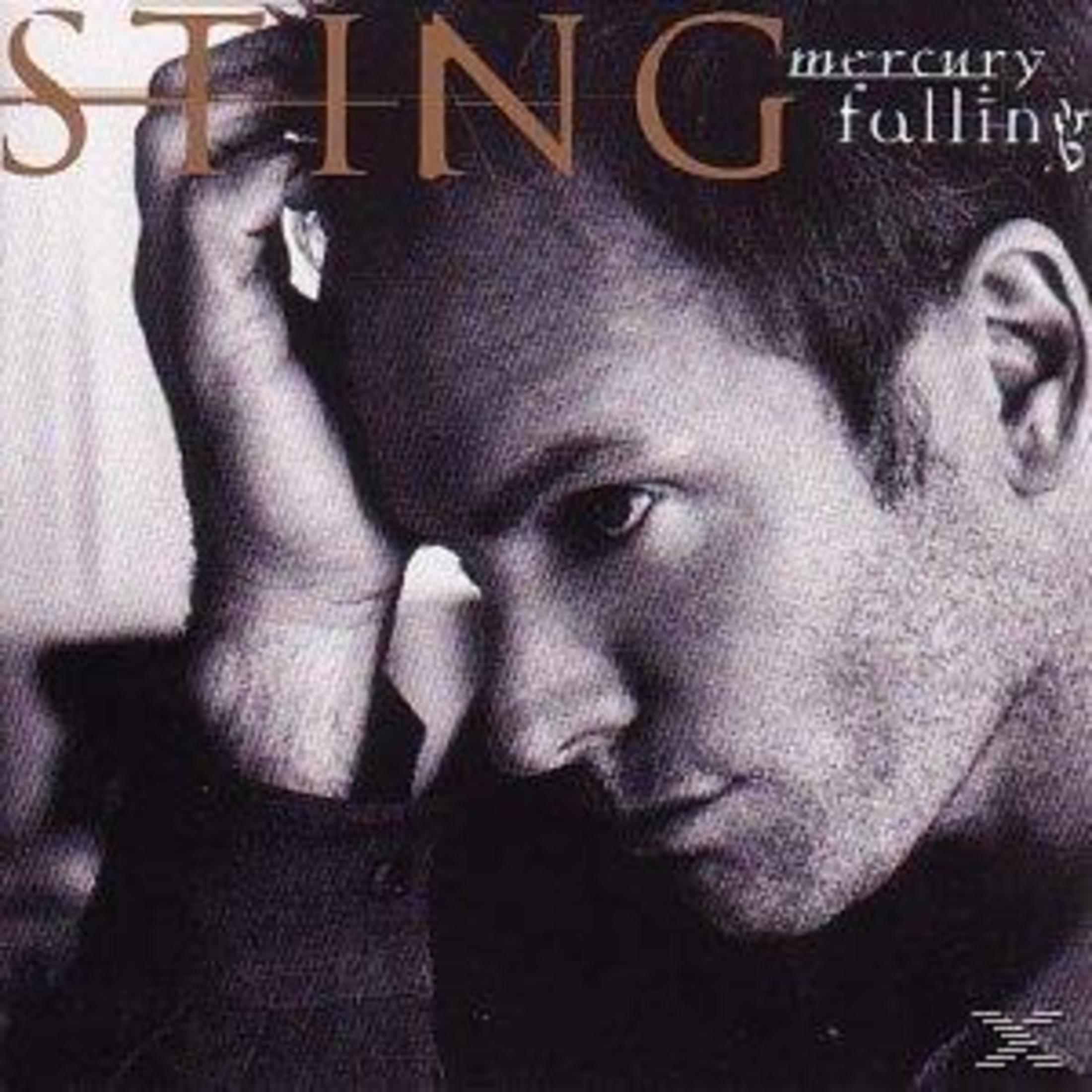 Sting albumhoes. Een man kijkt peinzend. Bruine tekst: 'Sting mercury falling'.