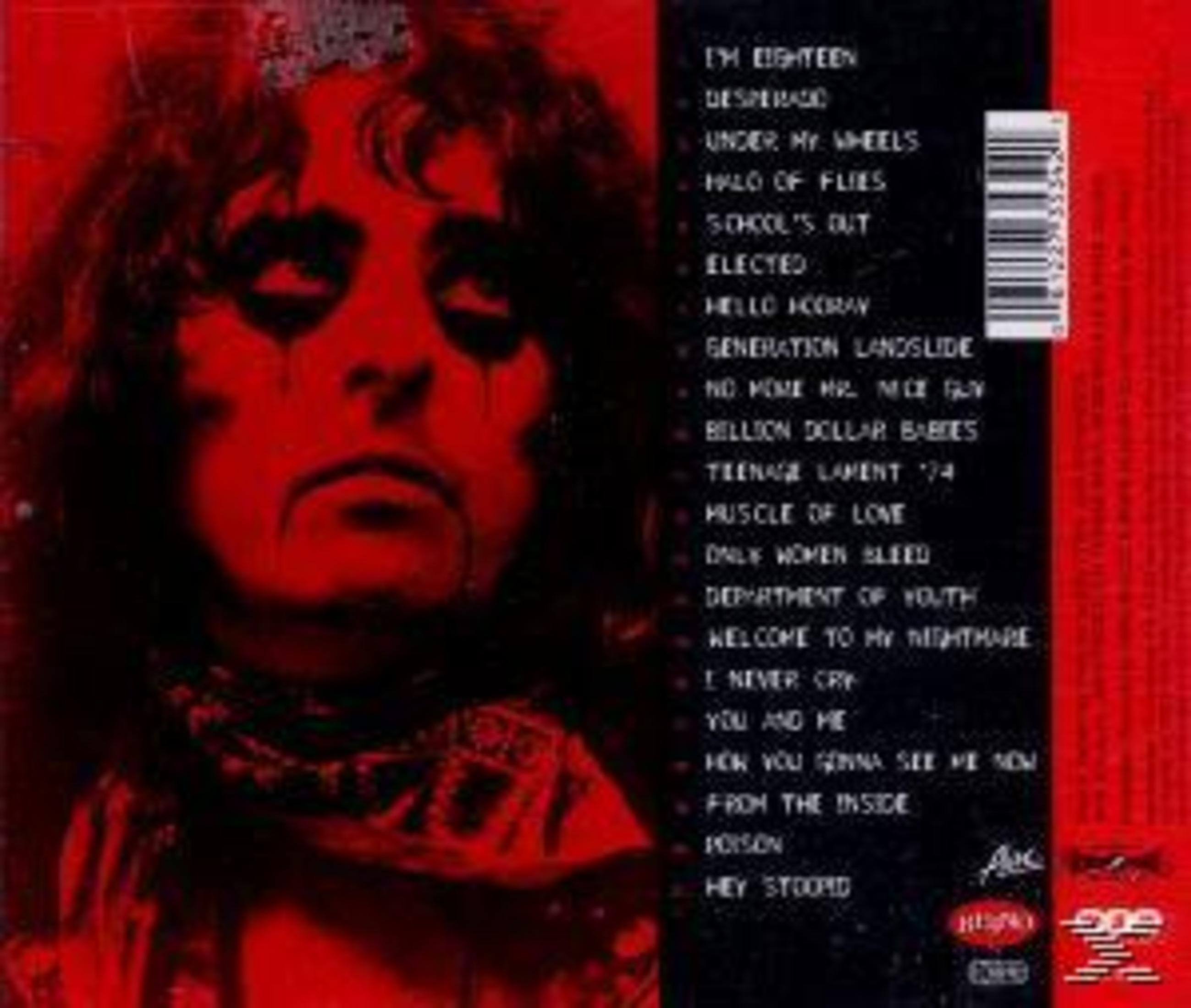 Album cover with Alice Cooper's face, red background and the album's tracklist on the right.