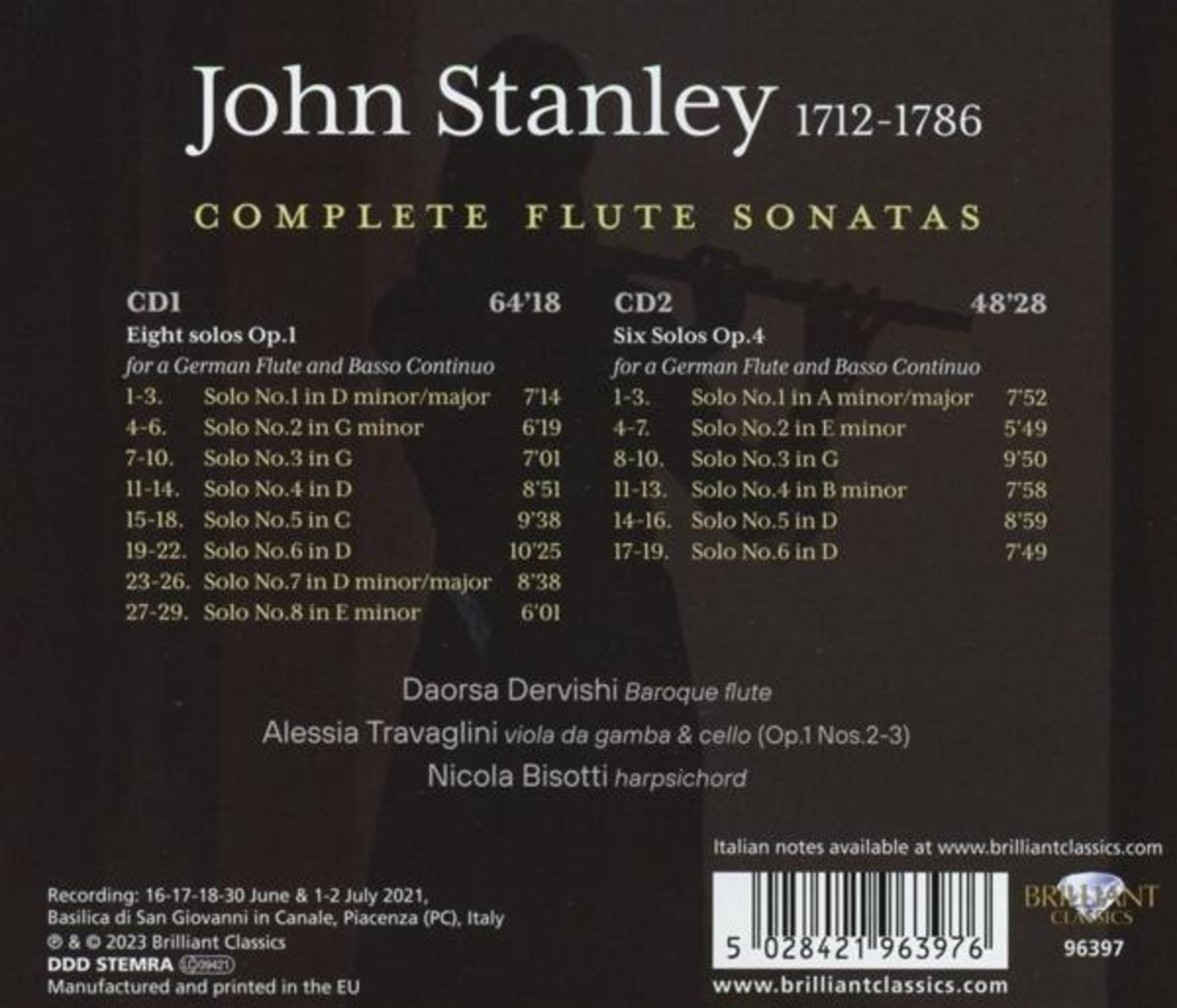 Album cover with text listing flute sonatas by John Stanley. CD1 and CD2 details are listed.