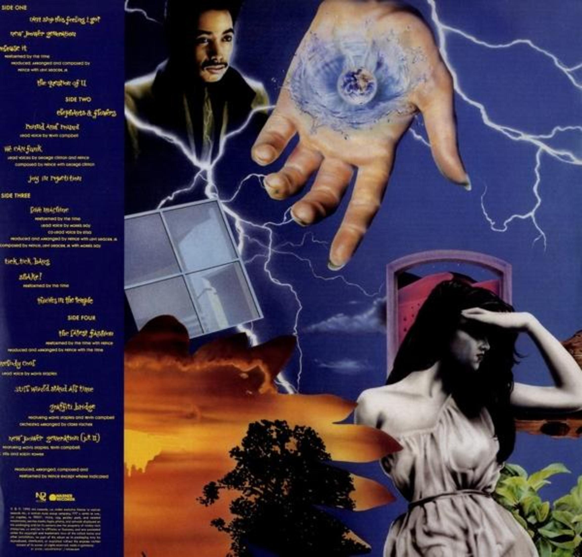 Album cover with a collage of images. A man, a hand with a blue sphere, and a woman.