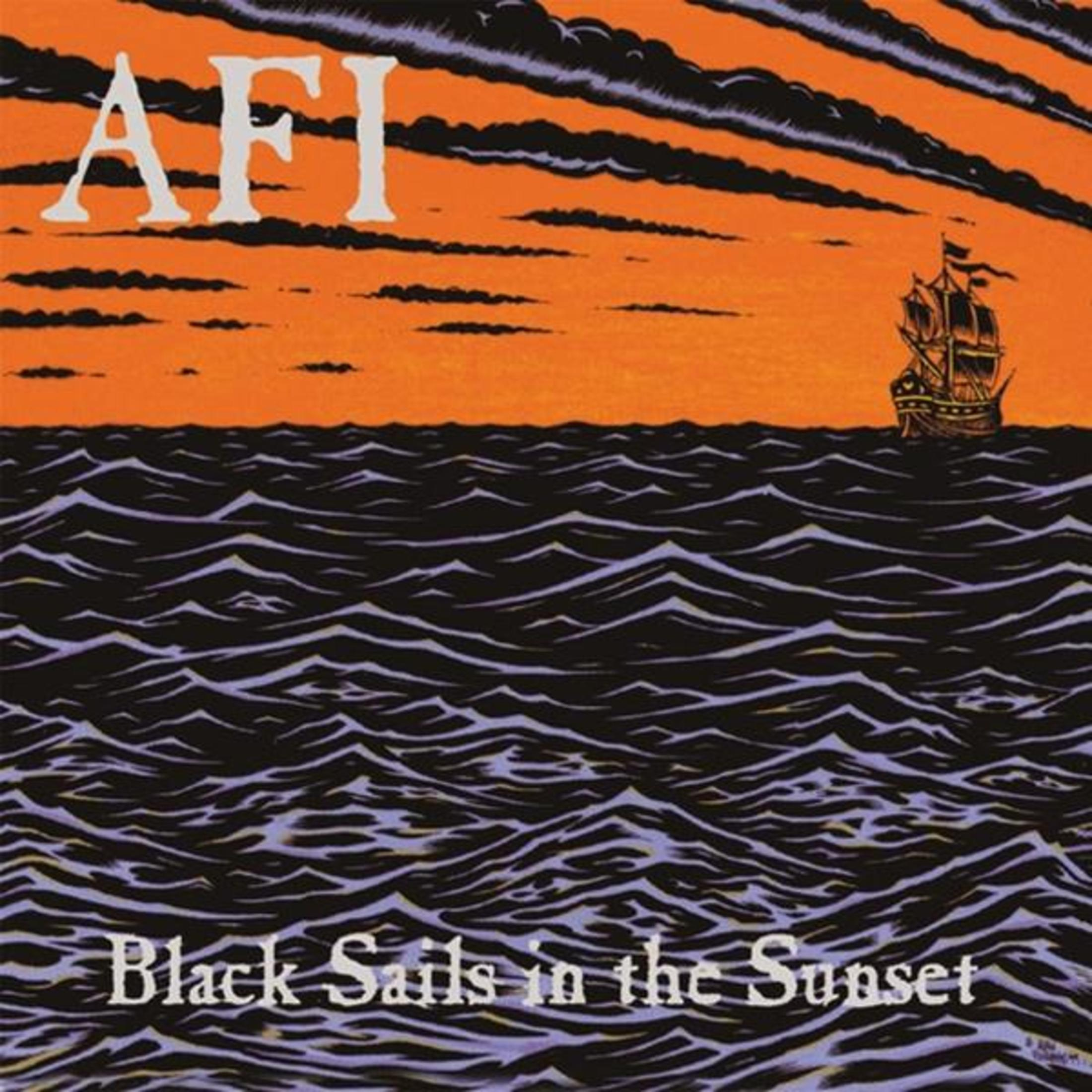 Copertina dell'album con cielo arancione, onde nere e una nave. Titolo: Black Sails in the Sunset di AFI.