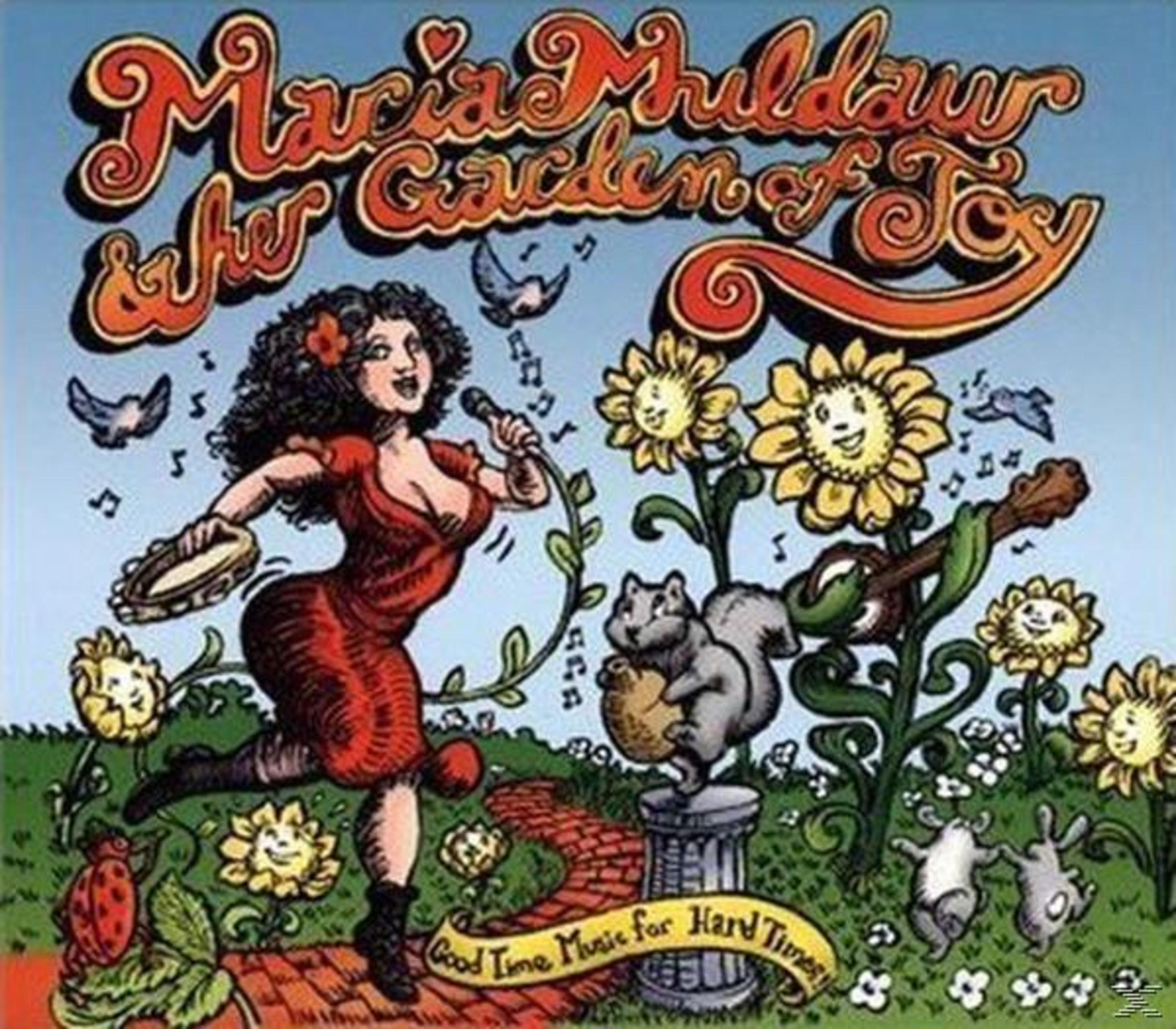 Pochette d'album : Maria Muldaur chantant, tournesols, écureuil et divers animaux. Robe rouge. Fond bleu.