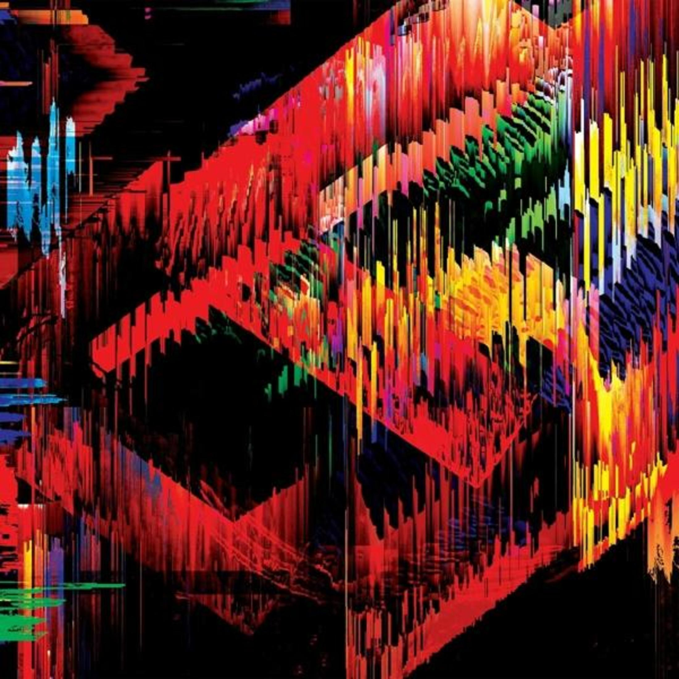 Arte astratta con forme geometriche rosse, blu e verdi.