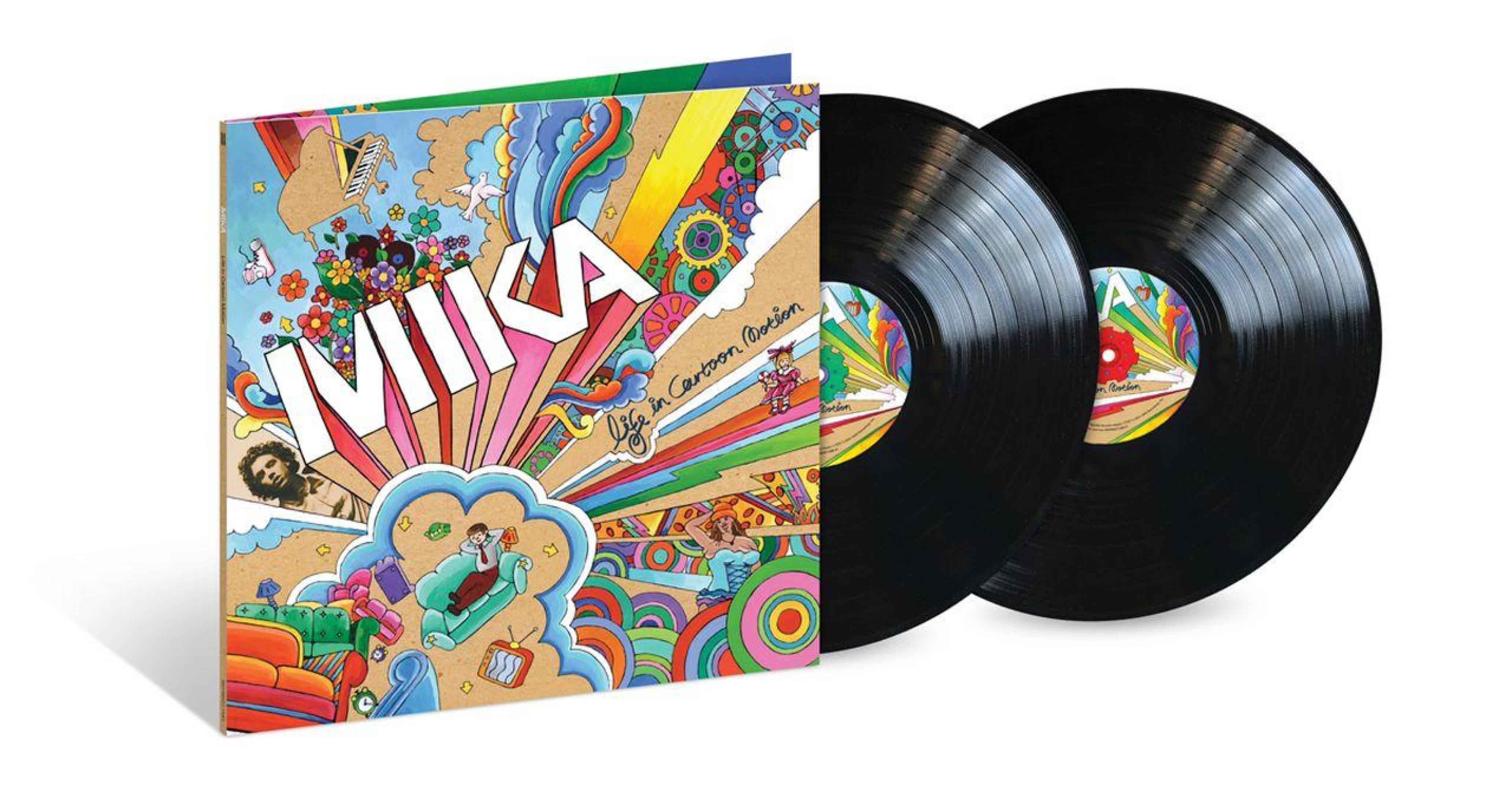 Portada del álbum MIKA. Ilustraciones coloridas. Dos discos de vinilo negro visibles a la derecha.