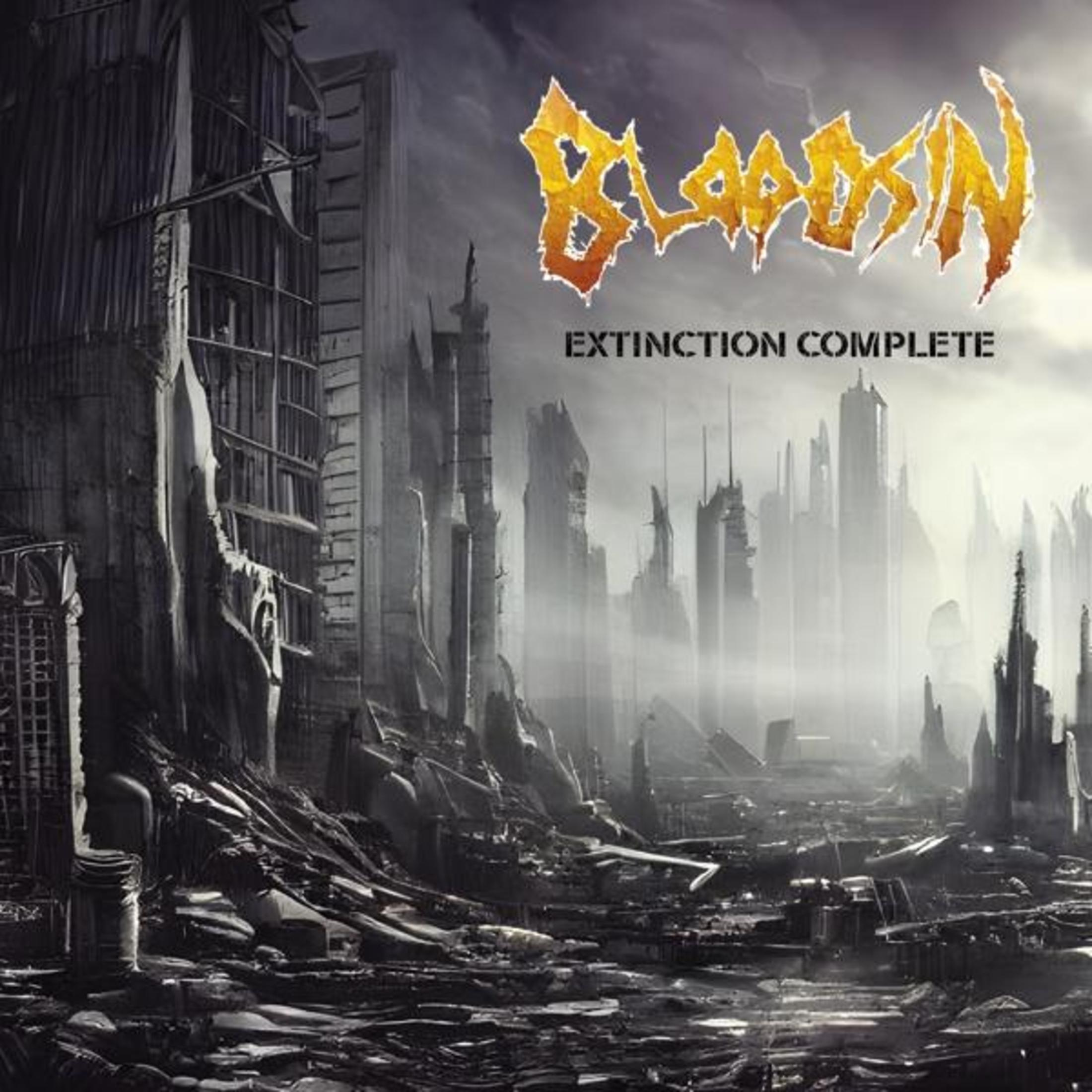Copertina album: Città post-apocalittica con titolo 'Bloodshed'. Testo Extinction Complete sopra. Edifici oscuri e rovinati.
