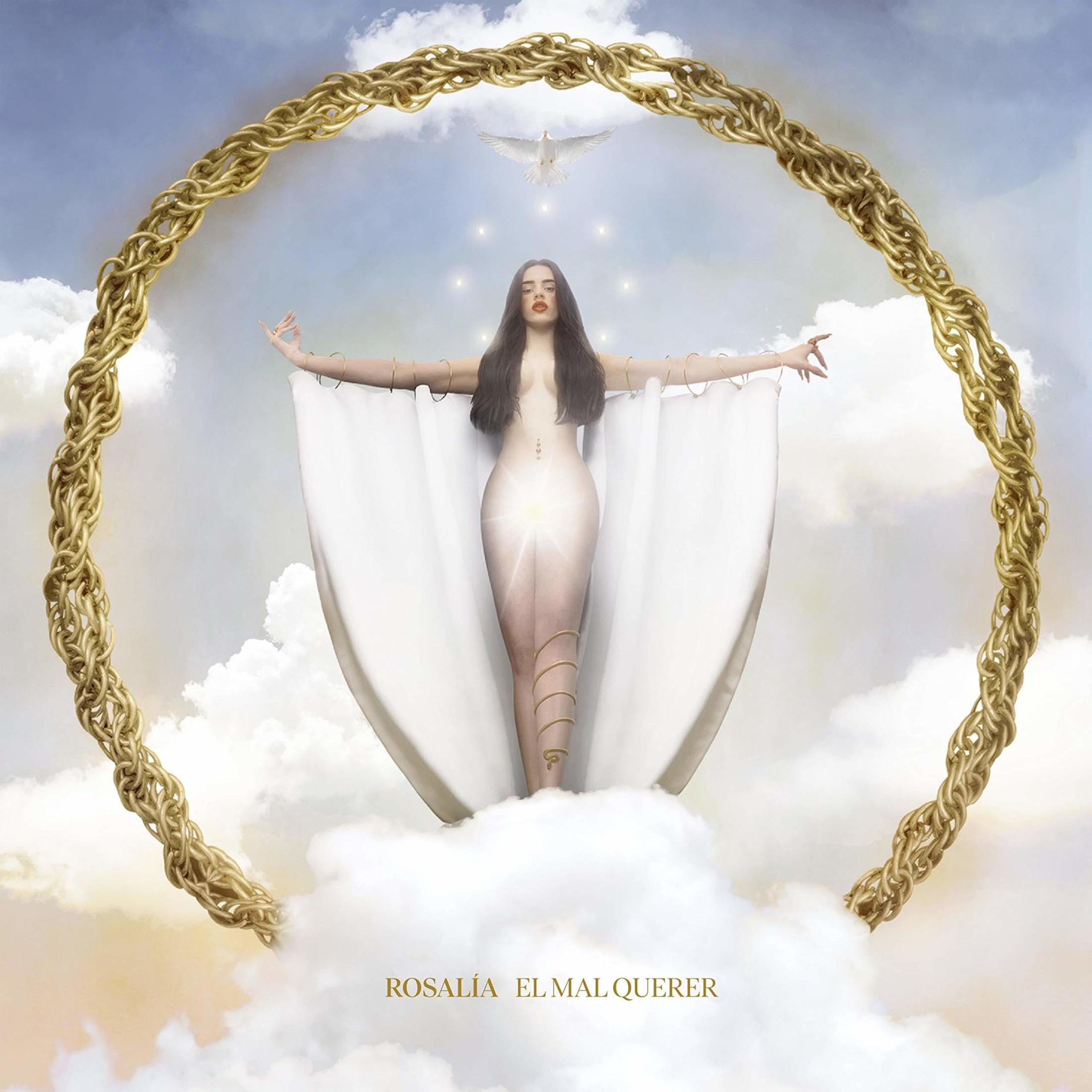 Donna con le braccia tese, avvolta di bianco, in piedi sulle nuvole dentro una cornice di catena d'oro. Una colomba vola sopra. Copertina dell'album.