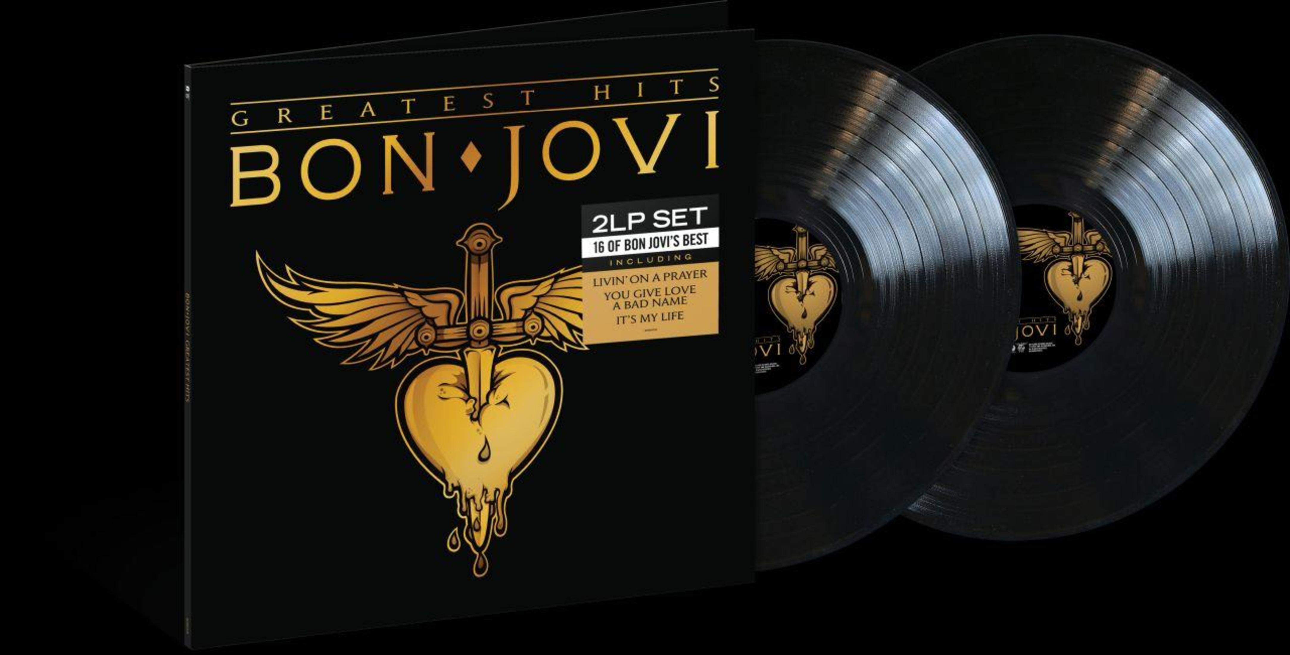 Portada del álbum Greatest Hits de Bon Jovi. Tiene un fondo negro y dos discos de vinilo negros a la derecha.