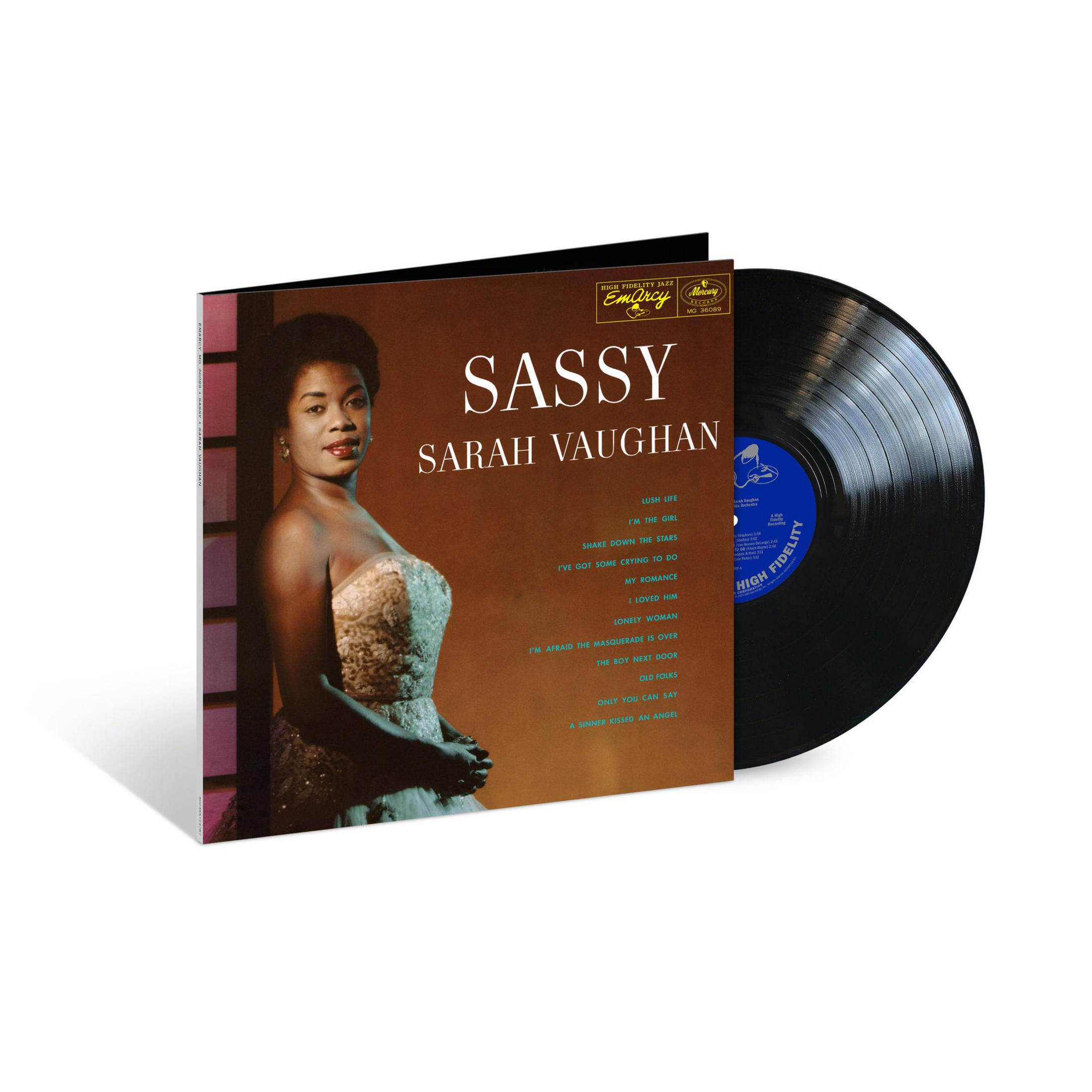 Pochette d'album, femme, texte : Sassy, Sarah Vaughan, disque vinyle.