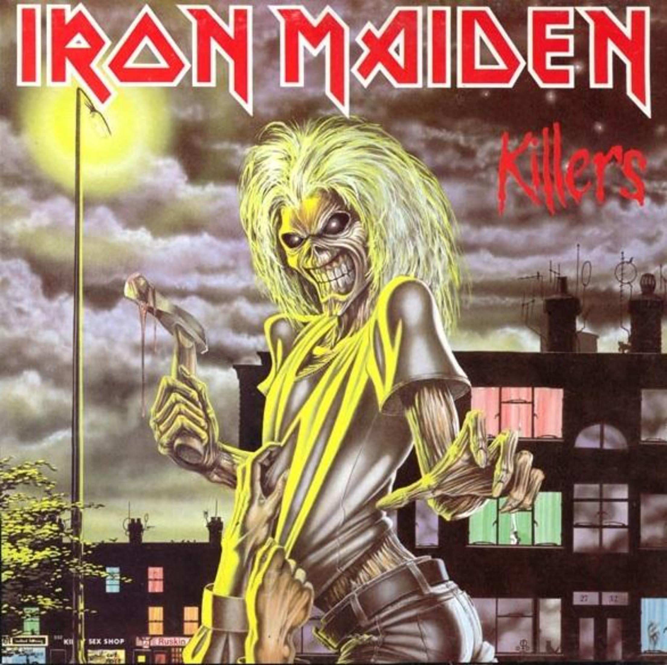 Albumcover: Iron Maiden, een monster met een hamer. Tekst: Killers. Achtergrond is een straat.