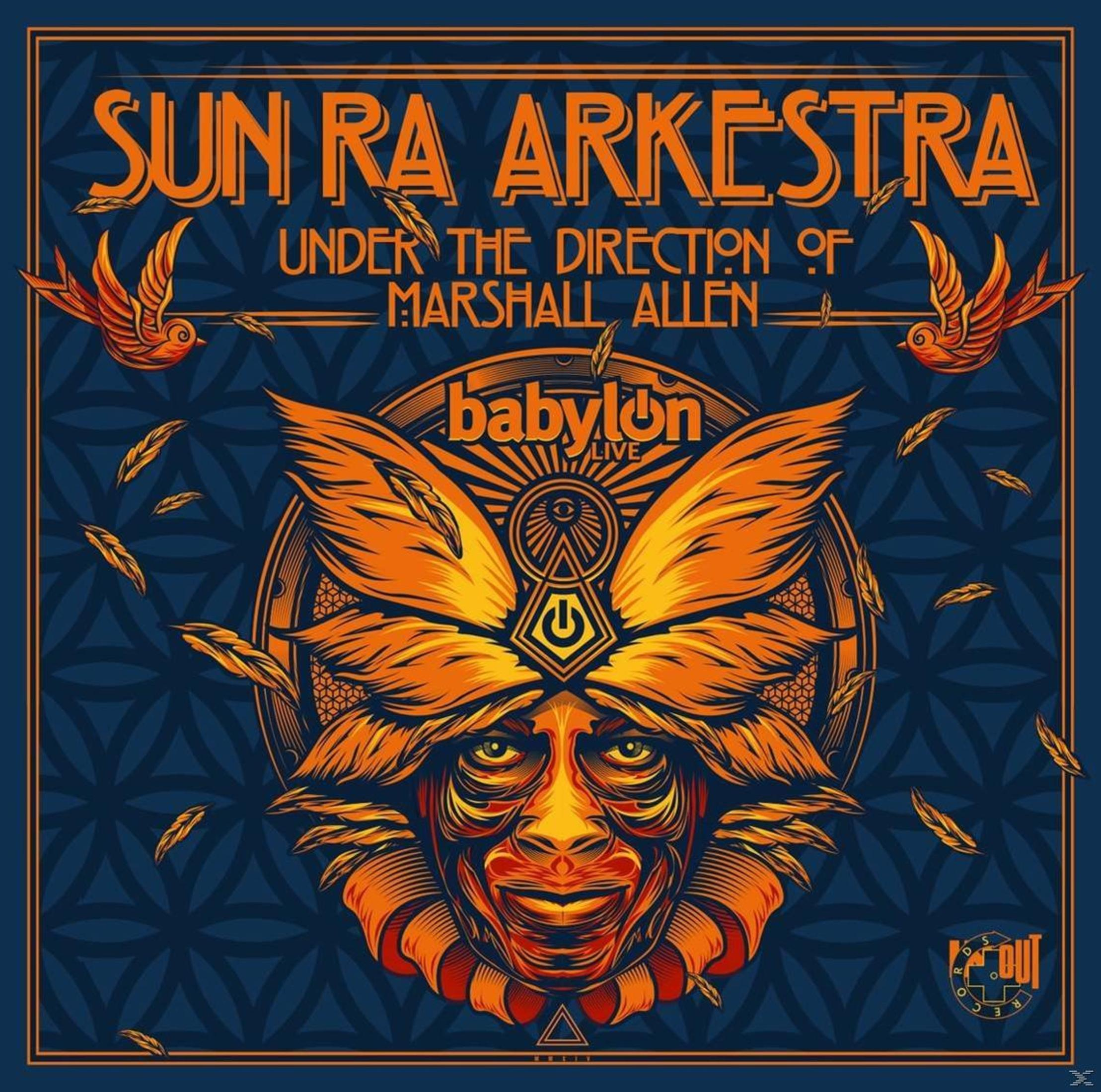 Pochette d'album : Sun Ra Arkestra, Babylon Live. Illustration orange sur fond bleu.