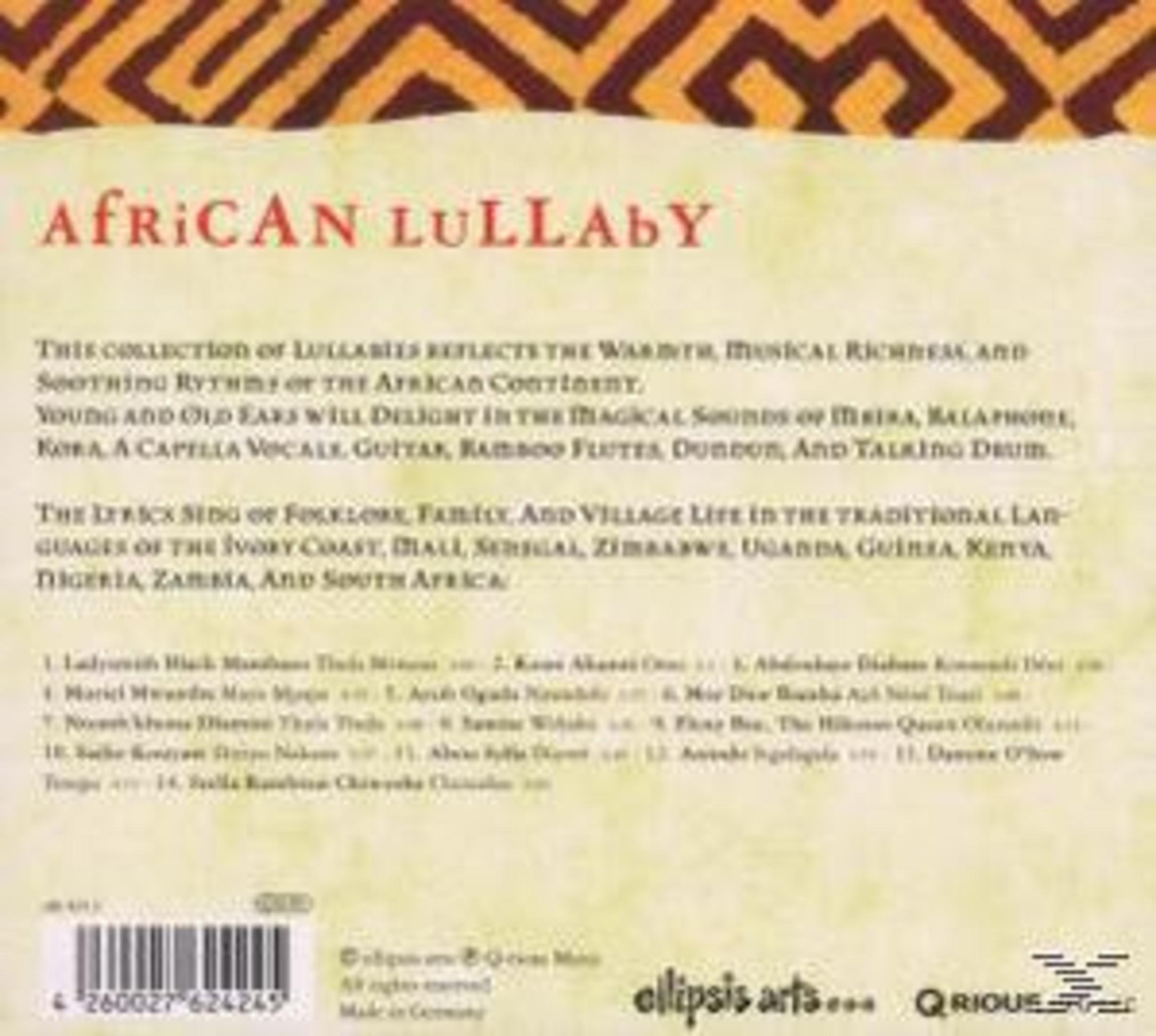 Albumhoes met titel "African Lullaby". Beige achtergrond met tekst in rood en zwart.