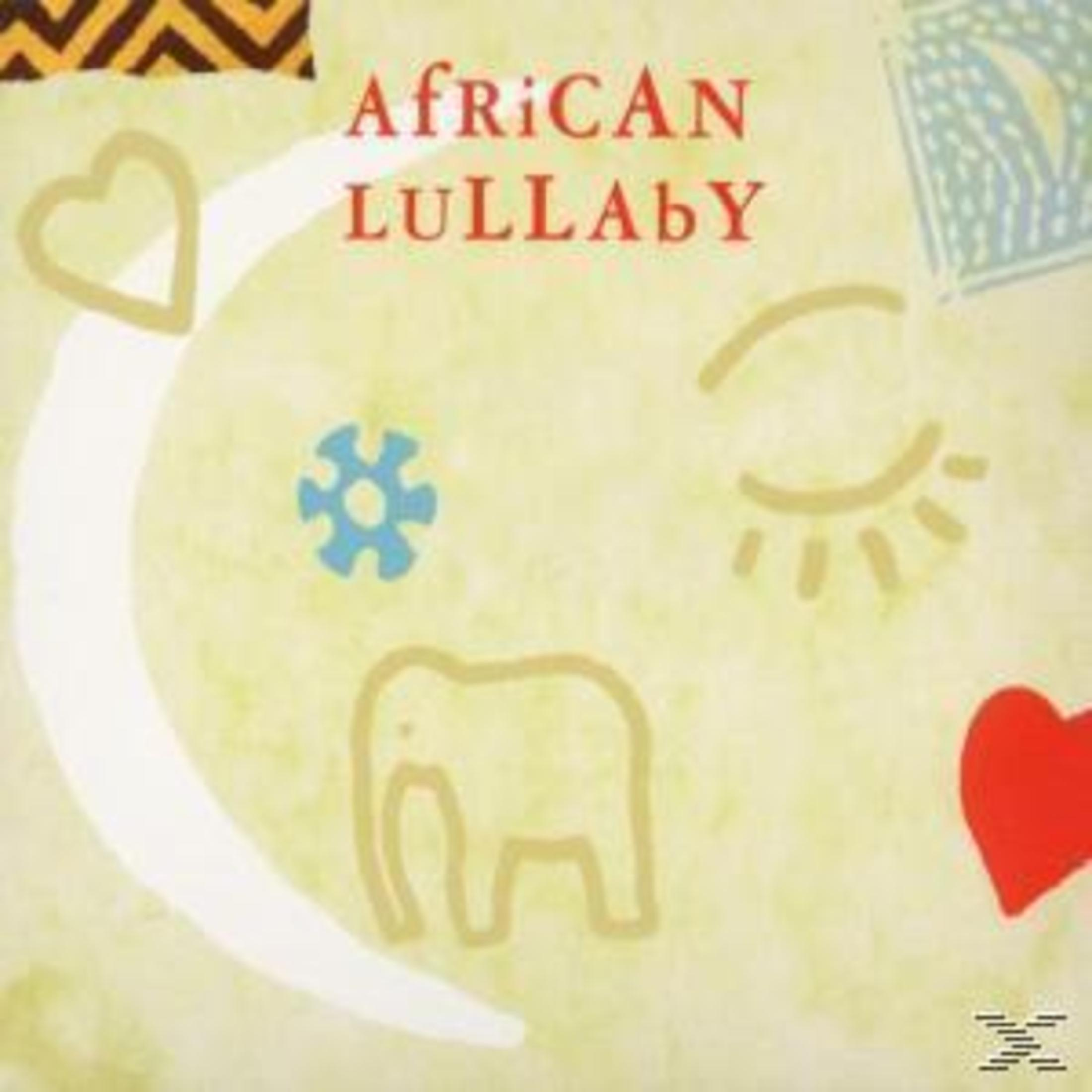 Albumcover met abstract ontwerp van een gezicht. Tekst: African Lullaby. Bevat een hart, een oog en een olifant.