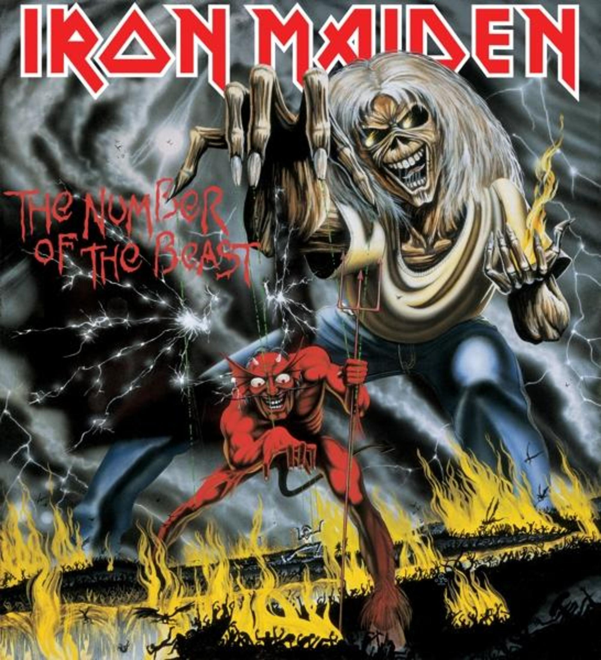 Copertina dell'album: Iron Maiden, The Number of the Beast, Eddie con il diavolo, in un inferno di fuoco.