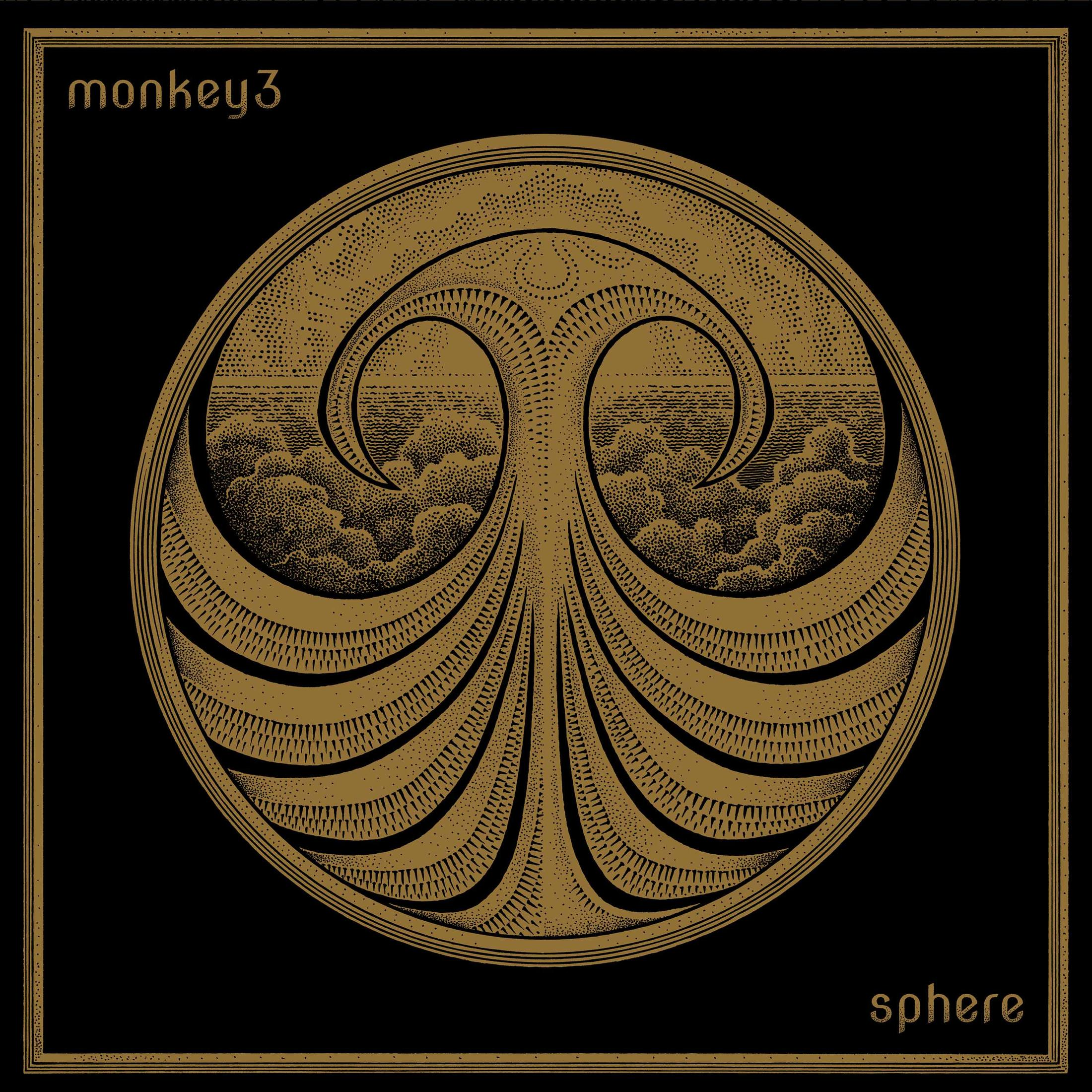 Album cover with a golden circle design. Text: Monkey3 Sphere, with a black background.