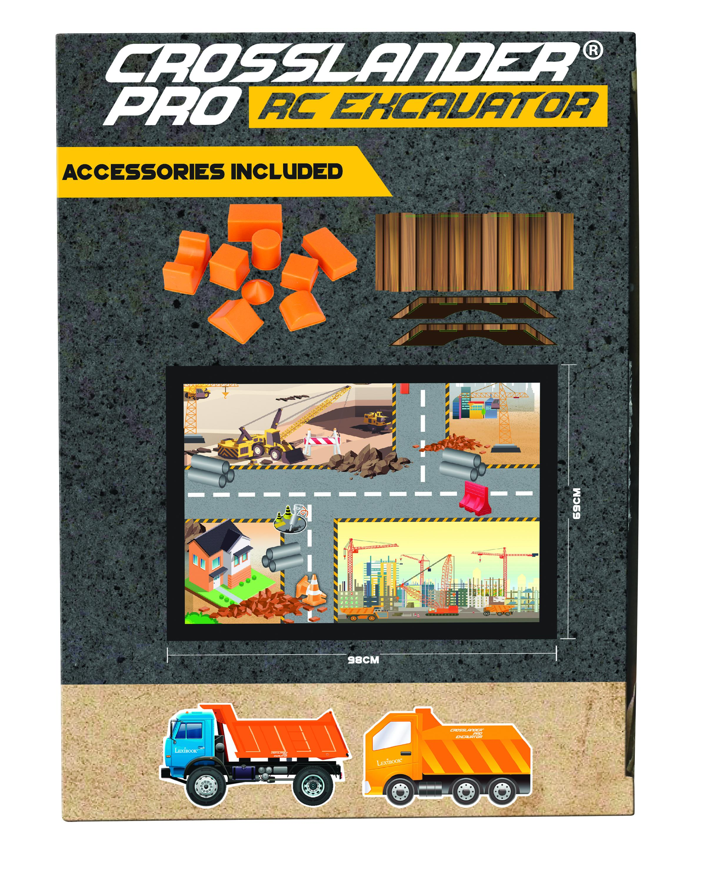 Caja de un juguete Crosslander Pro RC Excavator, con accesorios incluidos y escena de construcción.