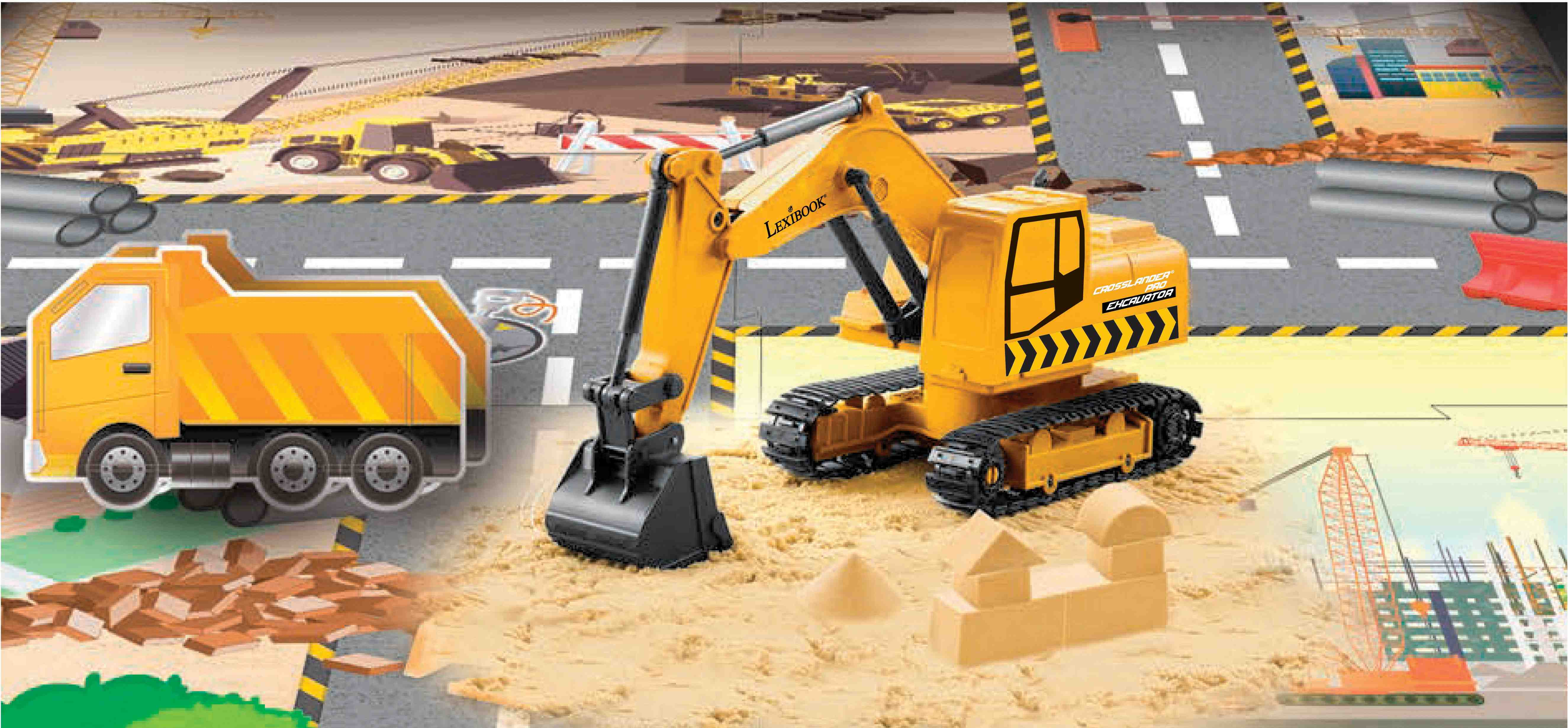 Escena de construcción de juguete con una excavadora amarilla y un camión, en una alfombra de rompecabezas.