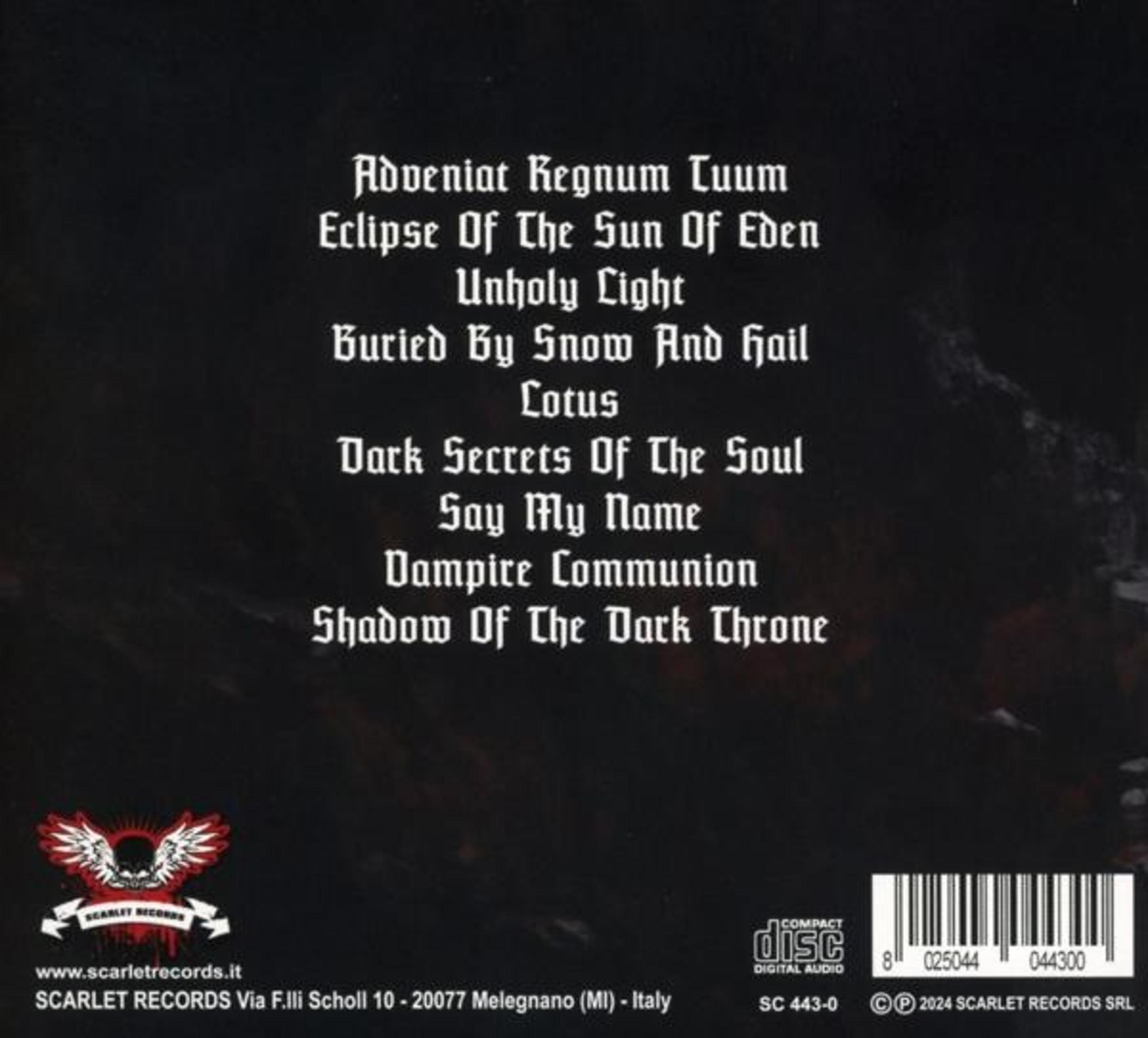 Copertina dell'album con un elenco di canzoni, il titolo è 'Adveniat Regnum Tuum'. Logo Scarlet Records in basso.