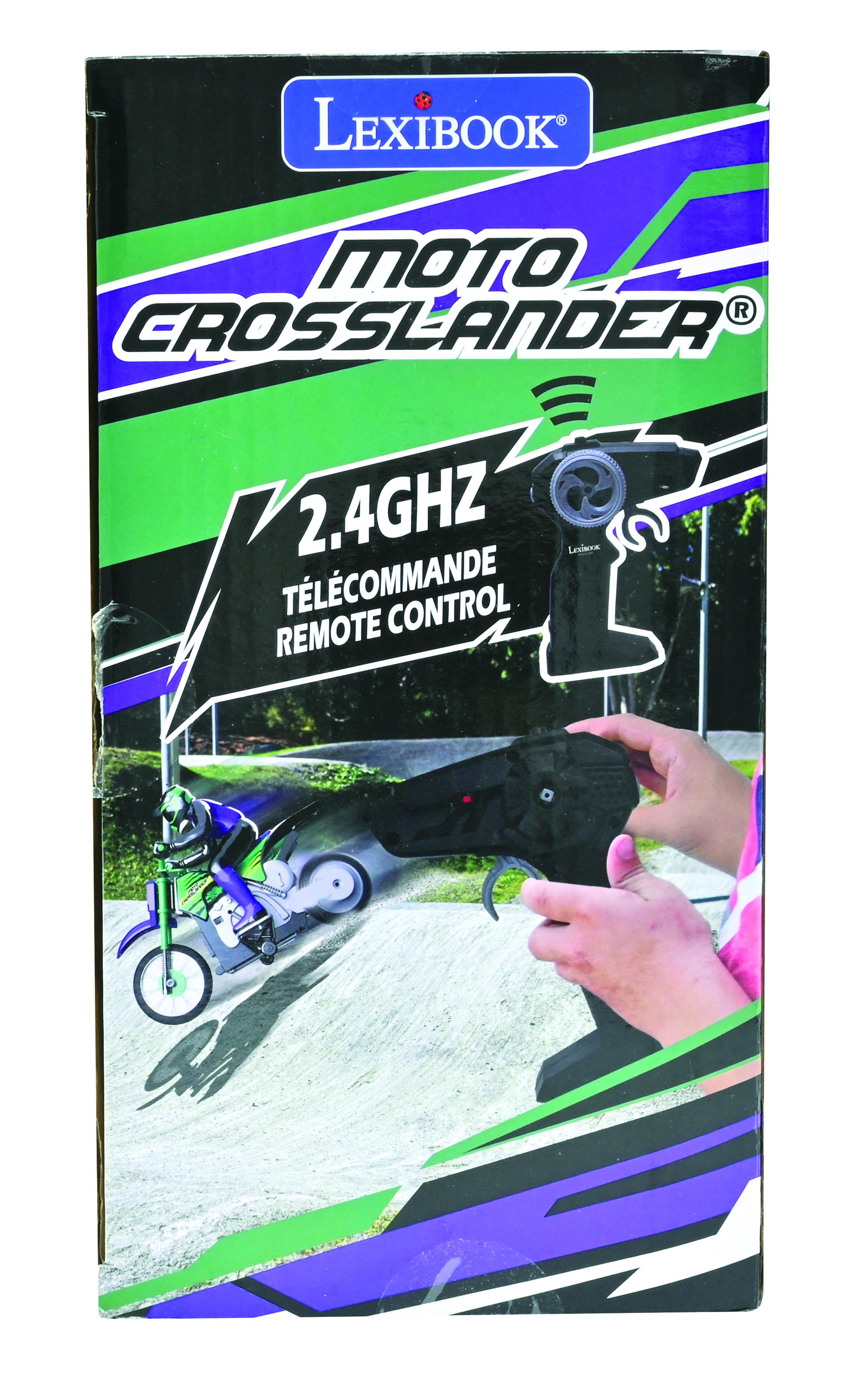 Una caja con una moto de juguete y un control remoto, con texto que indica control remoto de 2.4GHz.