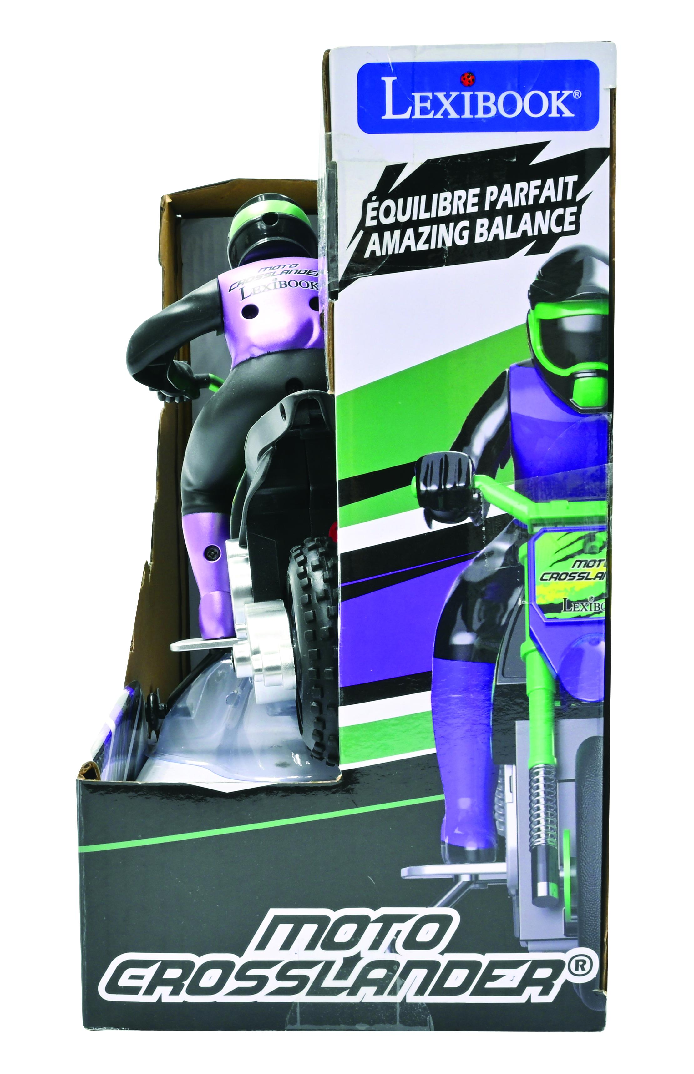 Juguete de moto en caja de cartón. El juguete es negro, morado y verde, con piloto.