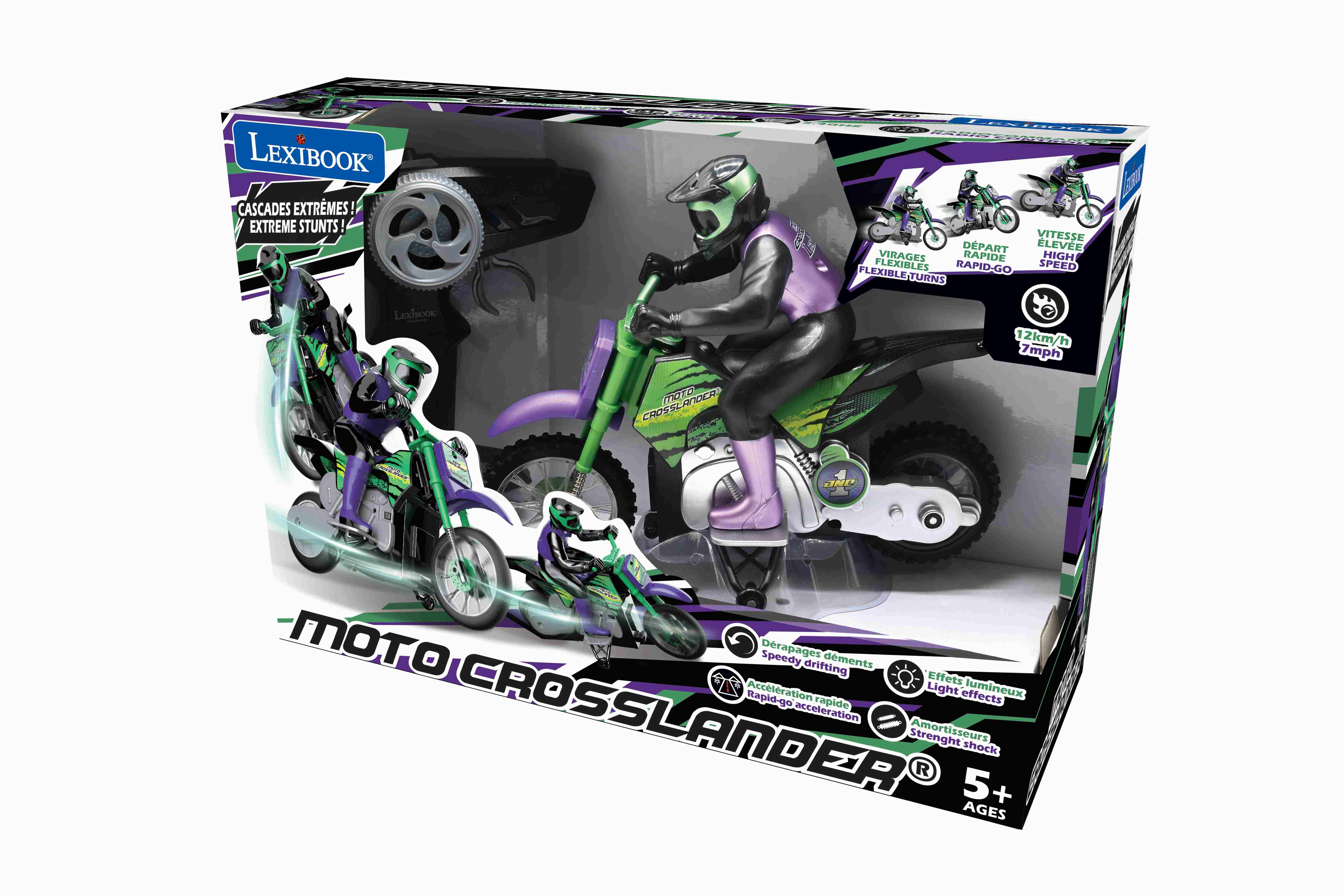 Motocicleta de juguete en caja, con un piloto en la moto. Texto en la caja: Moto Crosslander.