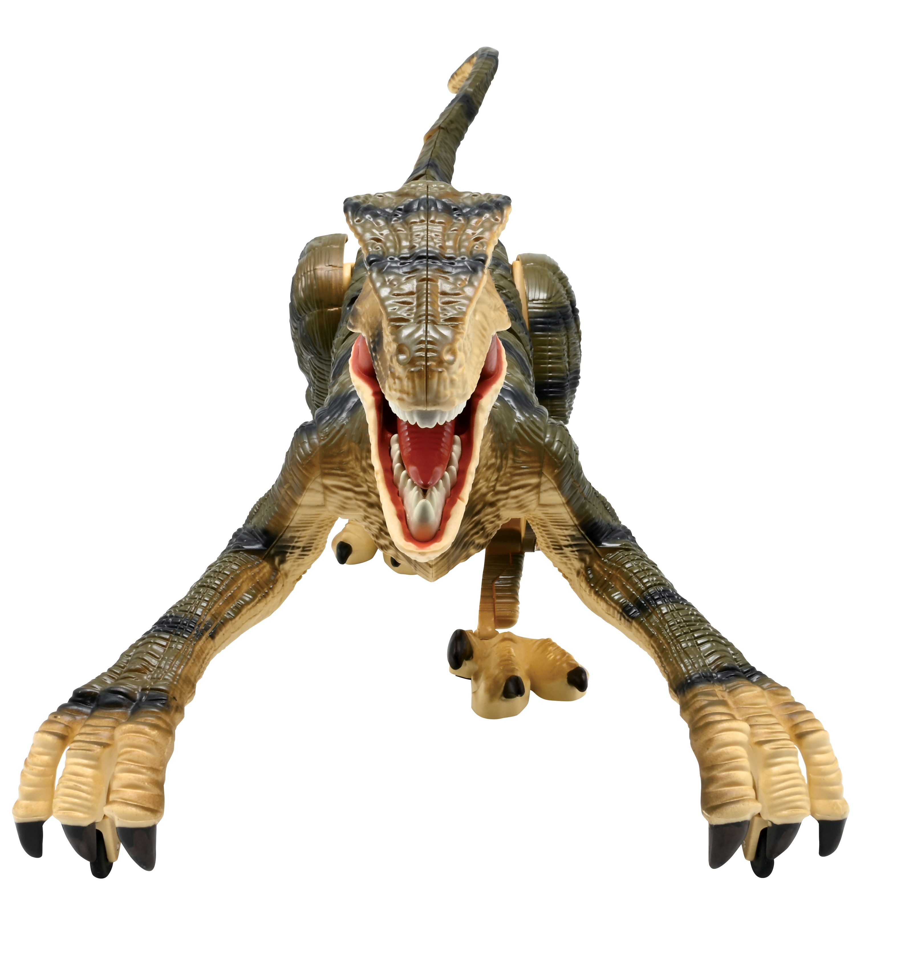 Un juguete de dinosaurio en pose de ataque. Es marrón y verde con la boca abierta.