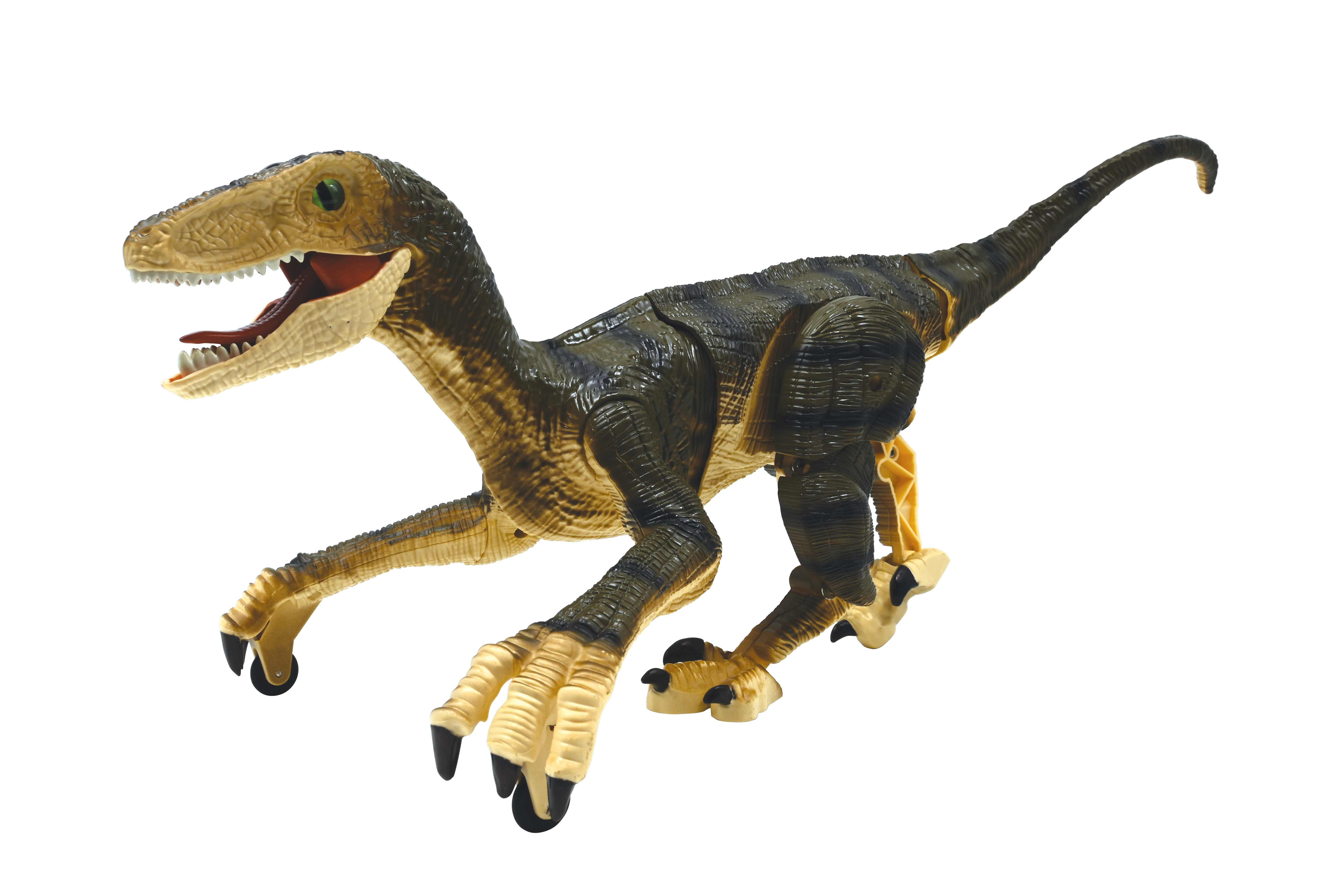 Un dinosaurio de juguete, un velociraptor, en pose de carrera con la boca abierta, aislado en blanco.