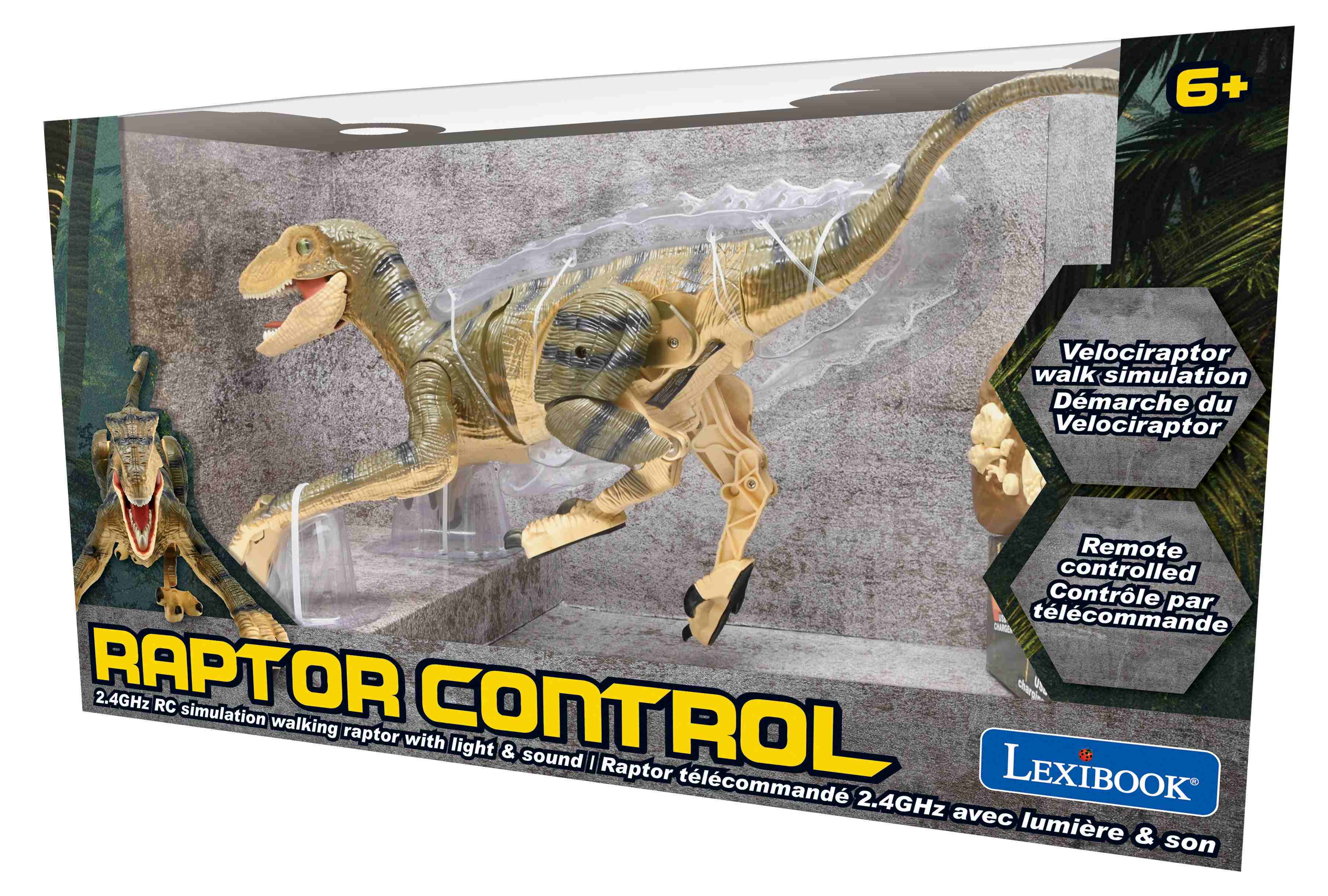 Un juguete de dinosaurio en una caja. El juguete es marrón y verde y listo para caminar.