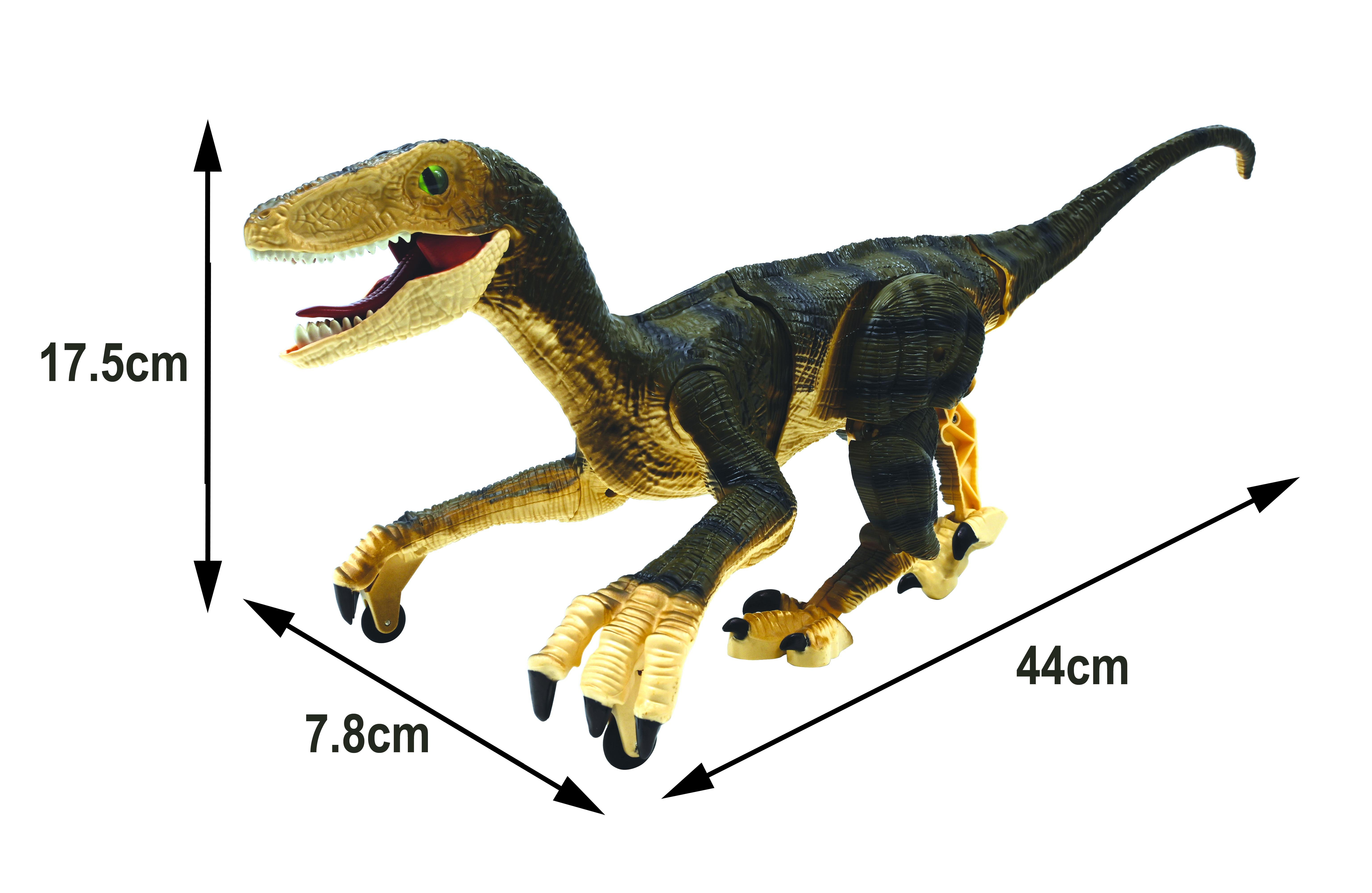 Dinosaurio de juguete verde y marrón con medidas, incluyendo una longitud de 44 cm.